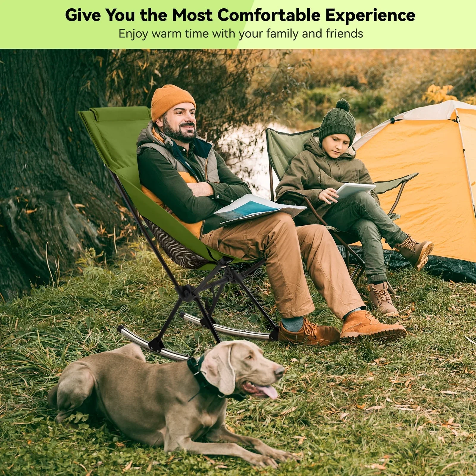Camping Chair, VECUKTY High Back Rocking Chair 240 lbs Capacity, Heavy Duty Compact Outdoor Portable Folding Rocker Chair for Camping Hiking Gardening Travel Beach Picnic,Green