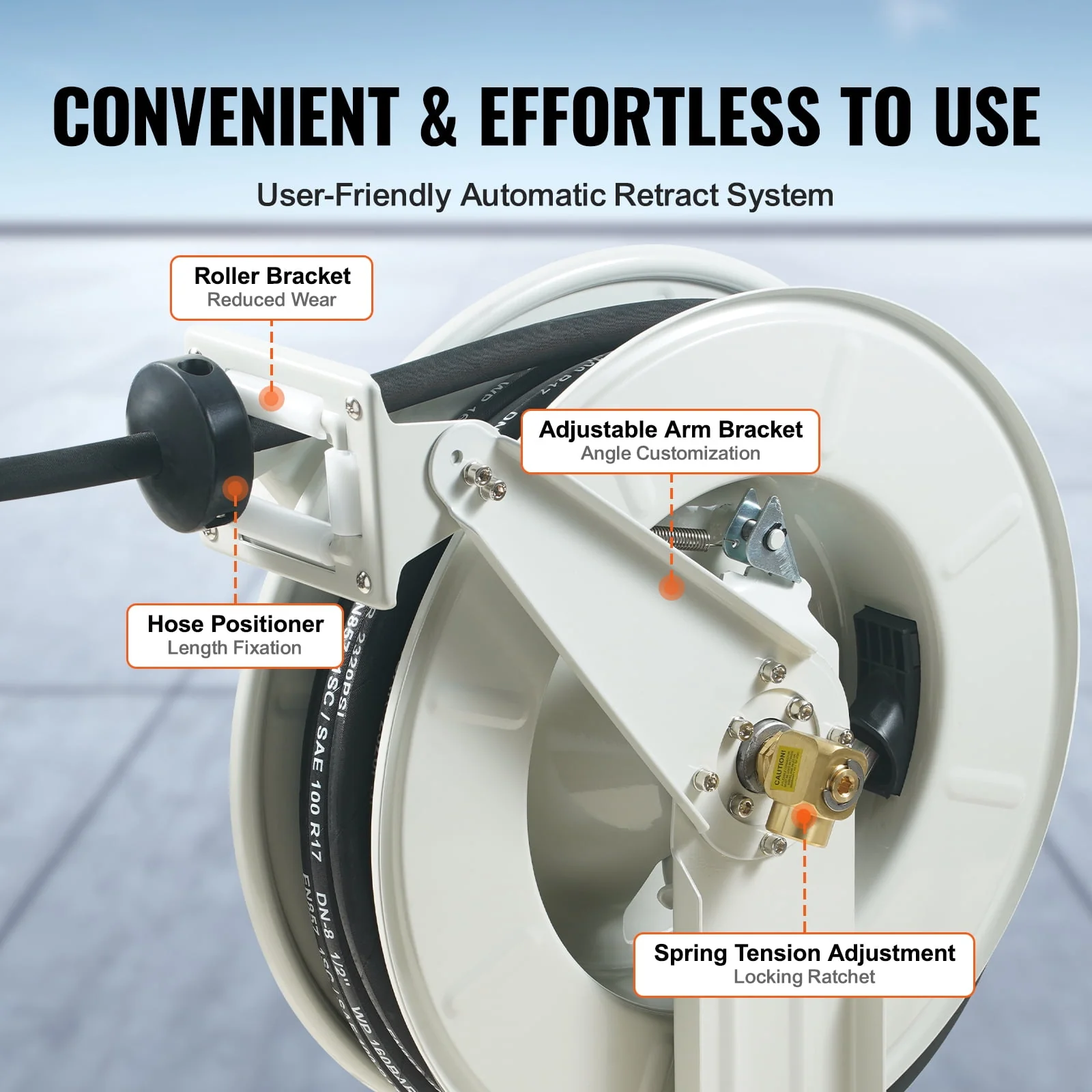 VEVOR Fuel Hose Reel, 1/2" x 50', Extra Long Retractable Machine Oil Hose Reel, Spring Driven Auto Swivel Rewind, Heavy-Duty Carbon Steel Construction, 2300 PSI