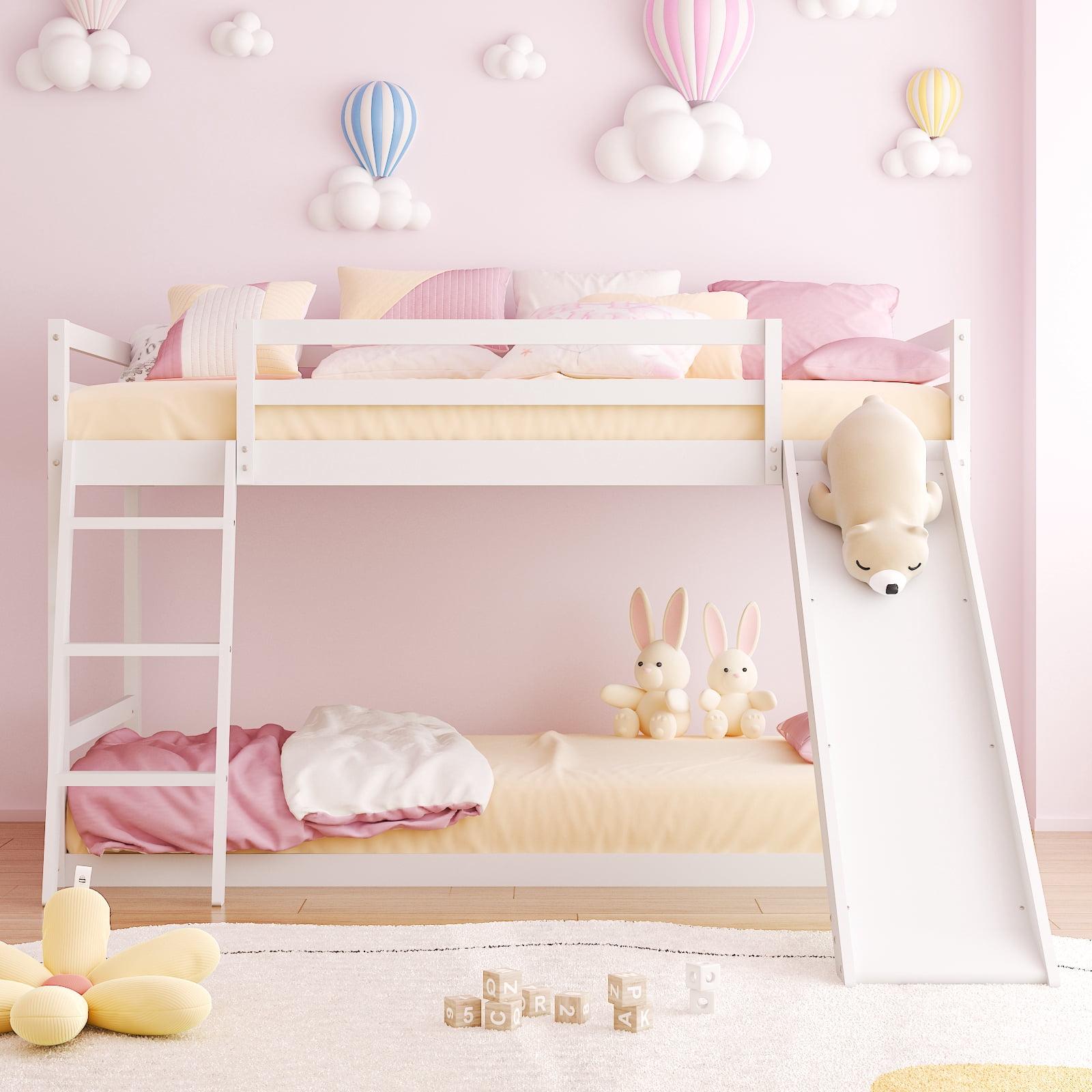Ktaxon Bunk Bed Twin Over Twin,Kids Low Floor Bed Frame with Slide for Children Boys Girls Dormitory Bedroom,No Box Spring Needed,White
