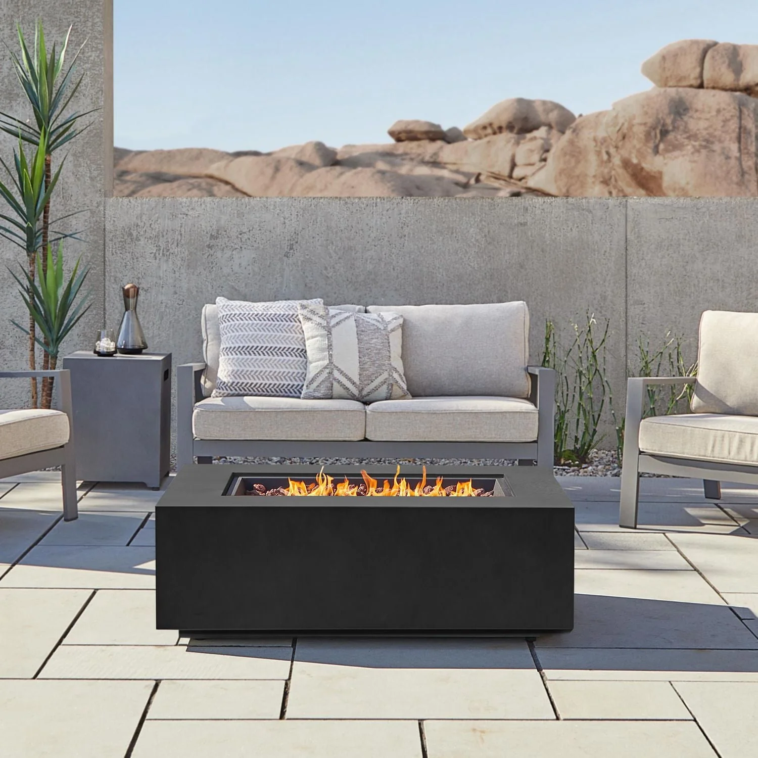 Real Flame Aegean 50" Rectangle Steel Propane or Natural Gas Fire Pit Table in Black