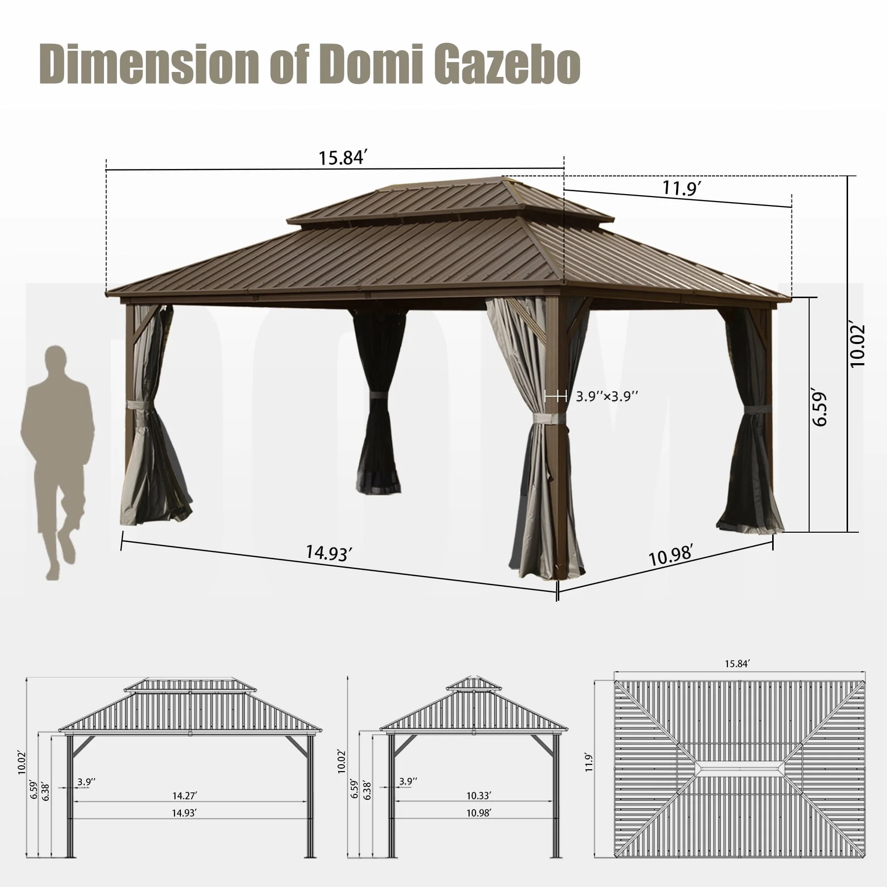 Domi Outdoor 12x16 ft Hardtop Gazebo Canopy Metal with Galvanized Steel Double Roof,Curtain & Netting for Patio Deck Backyard, Brown