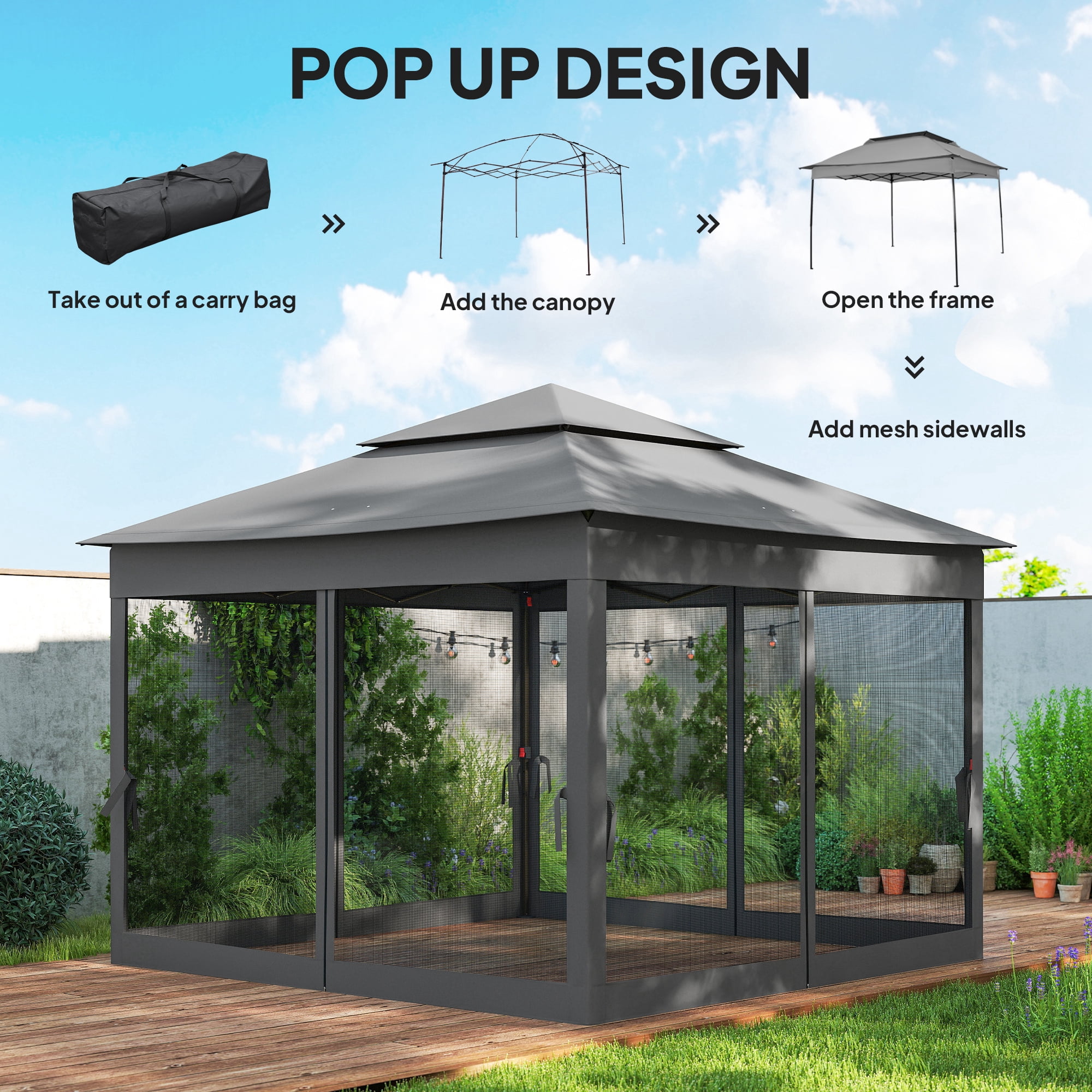 11'x11' Pop Up Gazebo 2-Tier Soft Top Gazebo w/ Mesh Netting