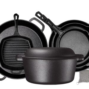 Bruntmor Pre-Seasoned Cast Iron Cookware Set - 8-Piece Bundle with Skillets, Grill Pan, Dutch Oven, Pizza Pan, and Utensils - Durable Pots and Pans Set for Cooking - Ideal Gift for Home or Camping