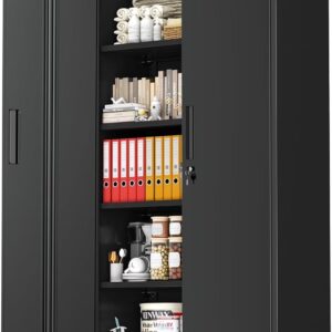SOLAURA 71" Metal Garage Storage Cabinet with Locking Doors and Adjustable Shelves for Home, Office(Black)