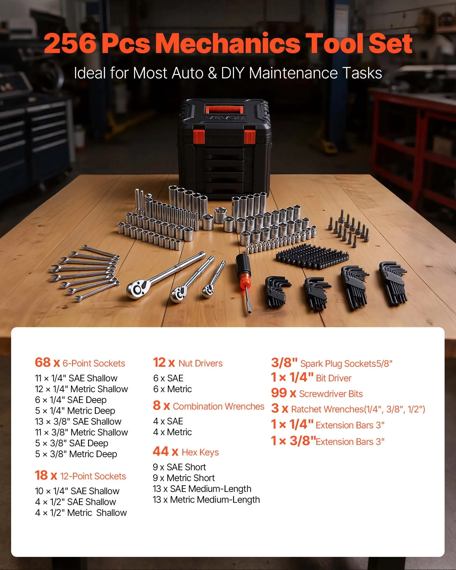 VEVOR Mechanics Tool Set, 256-Piece Mechanic Tool Kit, 1/4 in, 3/8 in, and 1/2 in Drive, SAE and Metric Socket Set, Wrenches, Screwdriver Bits, Accessories, and Storage Case