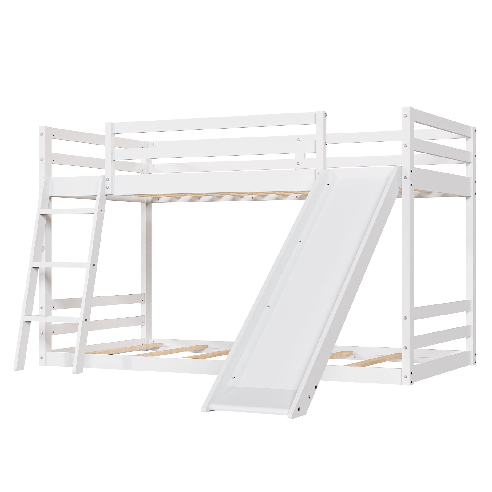 Ktaxon Bunk Bed Twin Over Twin,Kids Low Floor Bed Frame with Slide for Children Boys Girls Dormitory Bedroom,No Box Spring Needed,White