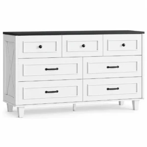 MARNUR Farmhouse 52" 7-Drawer Dresser for Bedroom, Anti-Tip Kit, Smooth Quiet Slides, Heavy-Duty for Living Room, White & Black