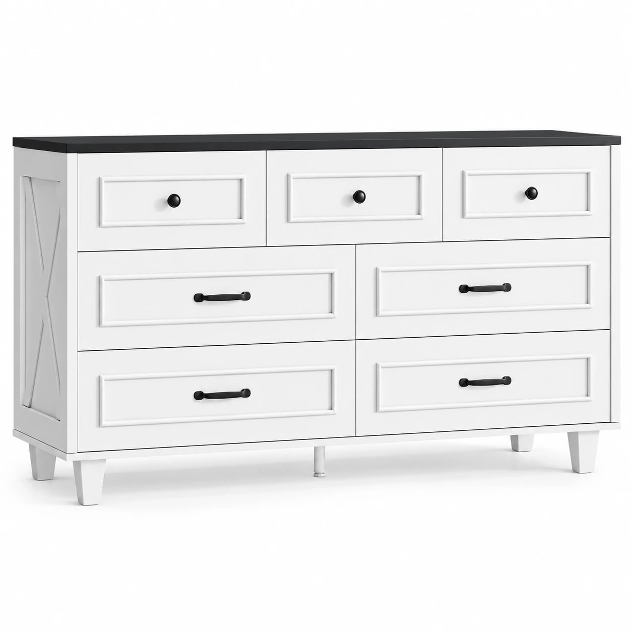 MARNUR Farmhouse 52" 7-Drawer Dresser for Bedroom, Anti-Tip Kit, Smooth Quiet Slides, Heavy-Duty for Living Room, White & Black