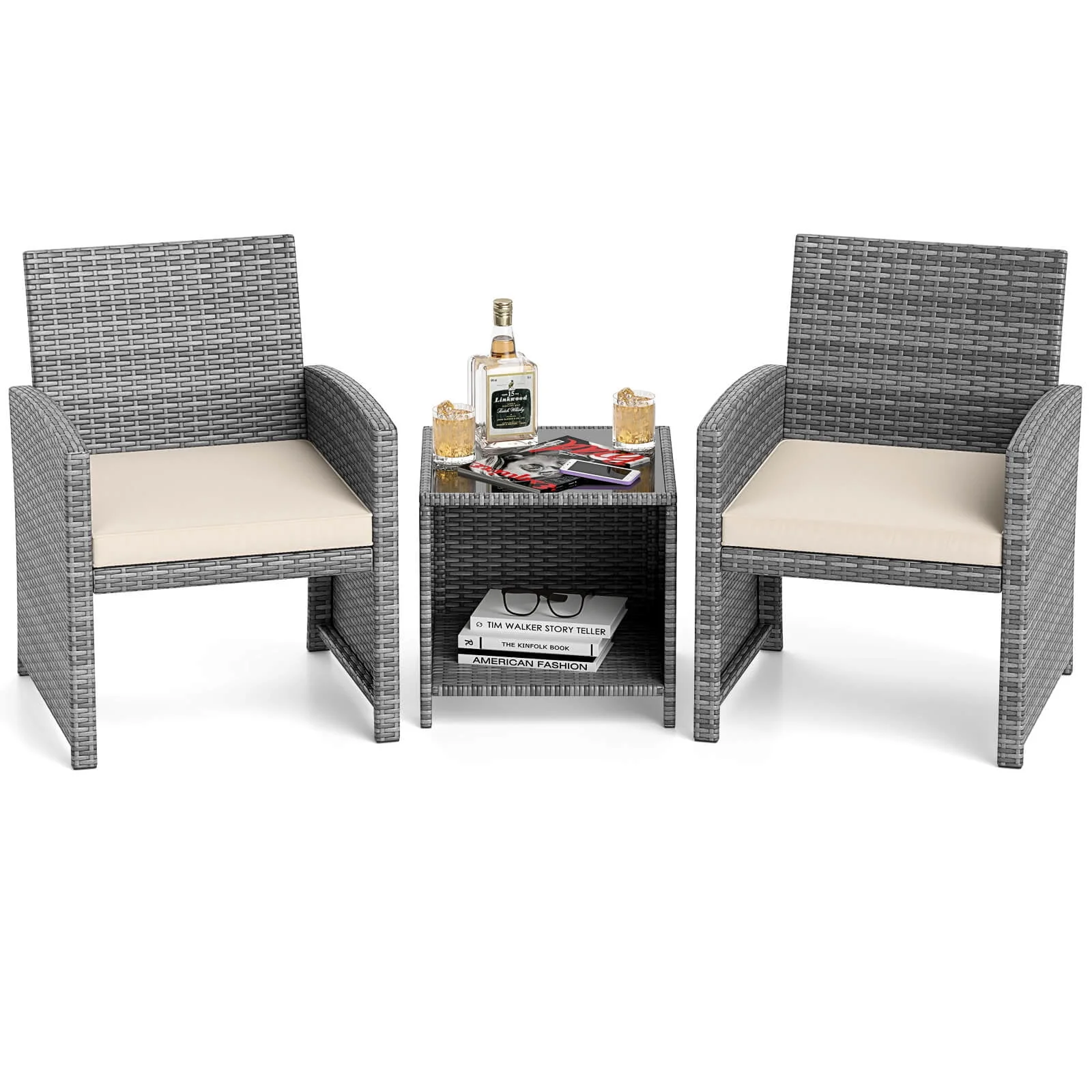 Costway 3 PCS Patio Furniture Set with Tempered Glass Coffee Table & Soft Seat Cushions White