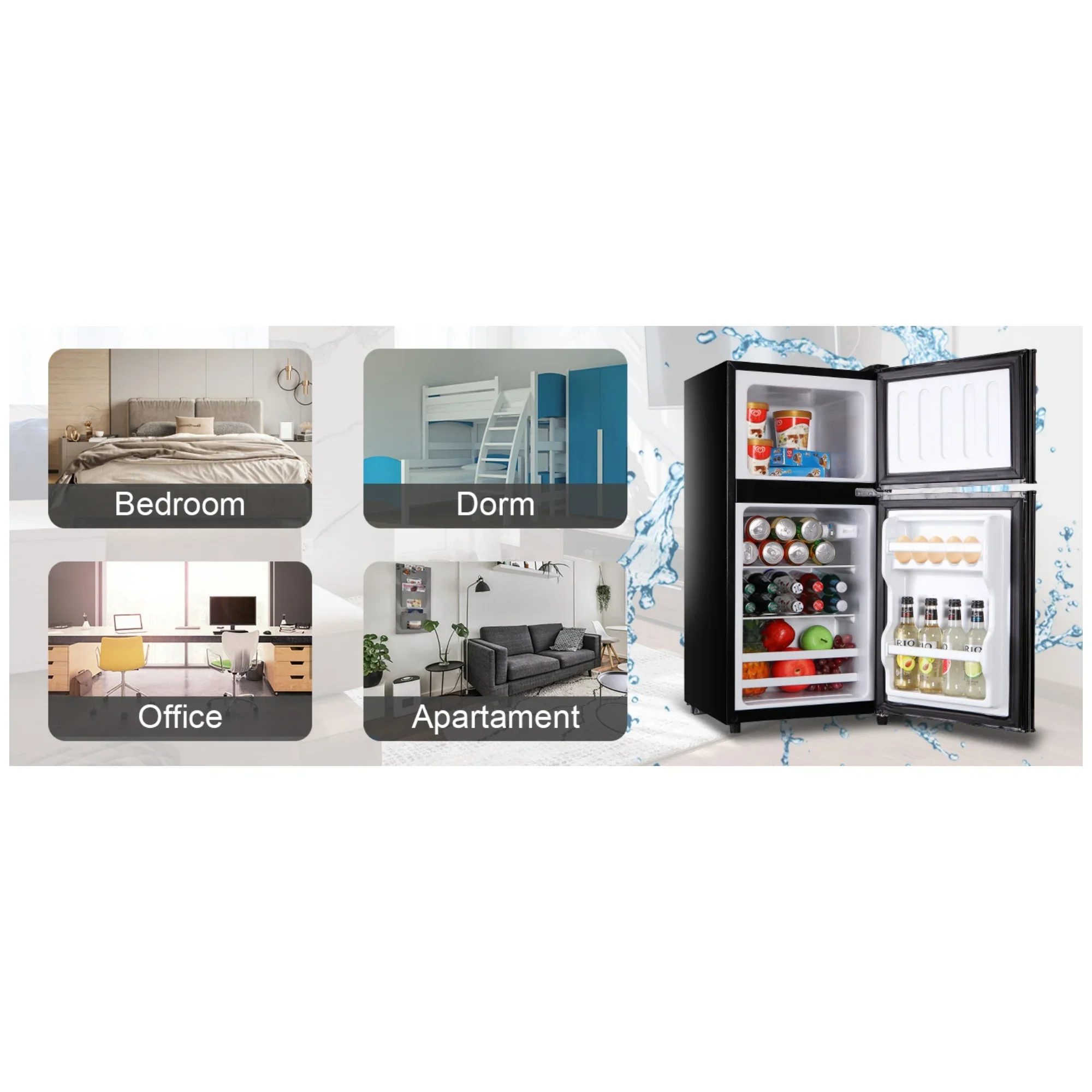 3.5 Cu.Ft Compact Mini Fridge with Freezer, 2-Door Small Refrigerator with 7-Level Thermostat & Removable Shelves for Kitchen, Dorm, Apartment, Bar, Office-Black-