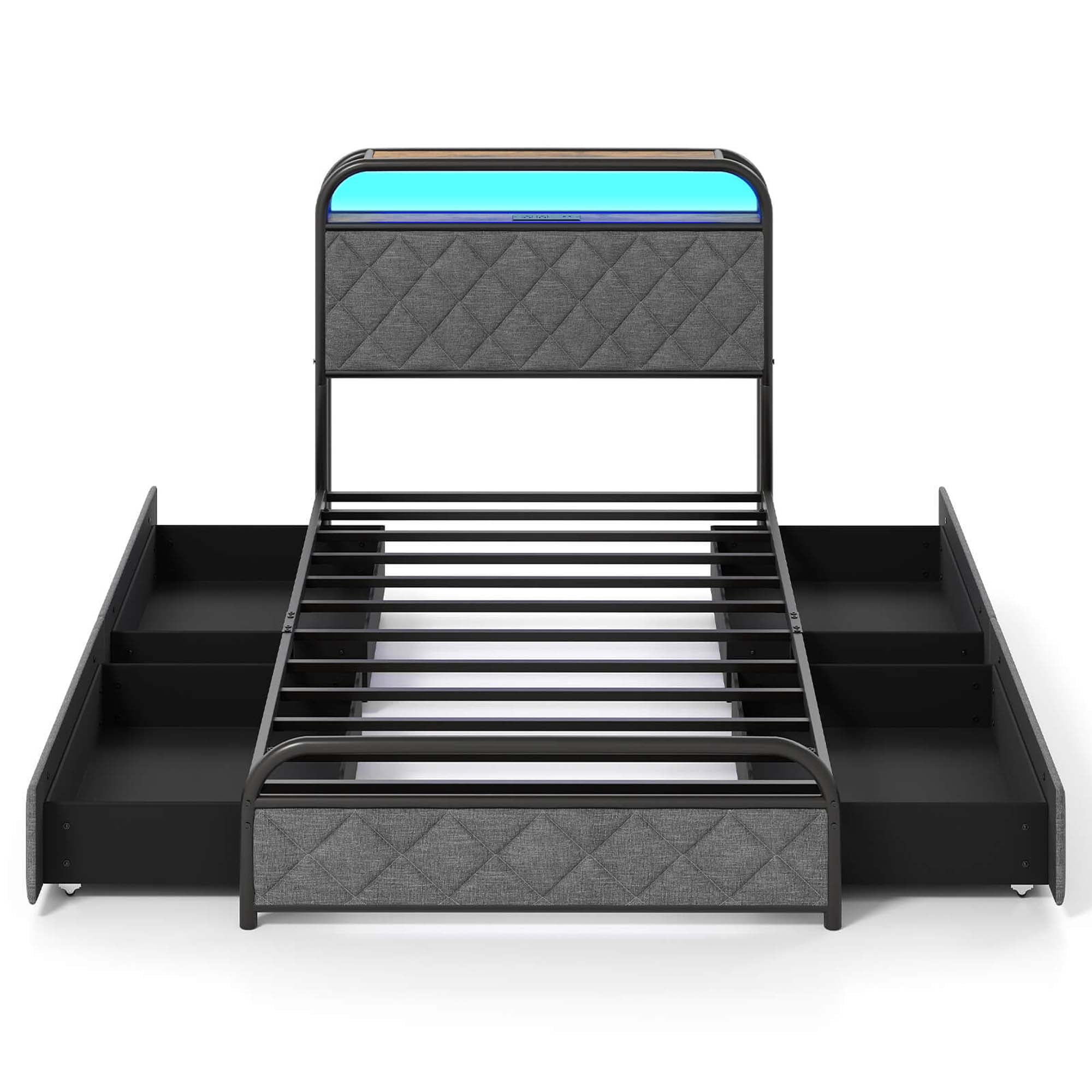 Costway Size Bed Frame with LED Lights & Charging Station Storage Headboard Black