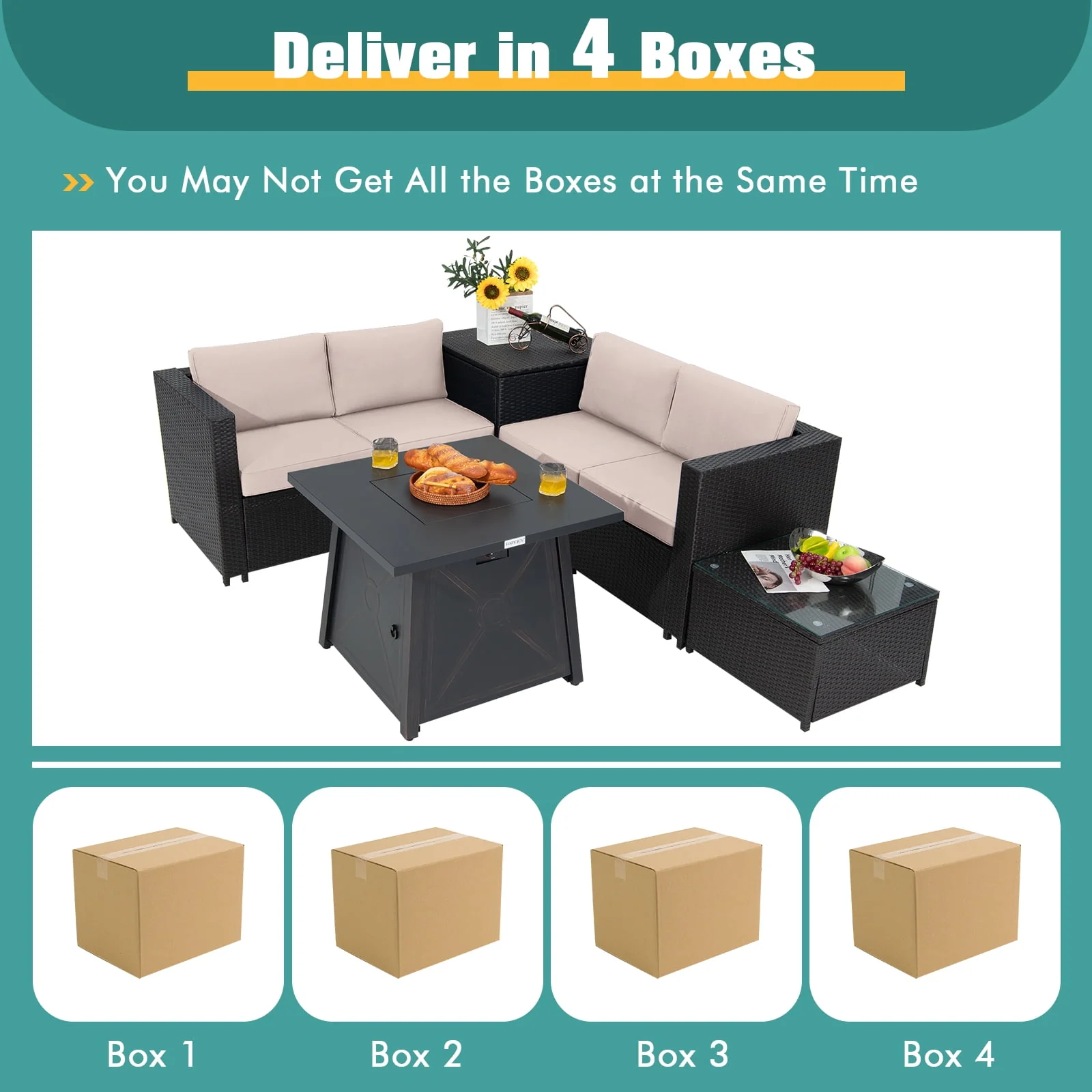 Patiojoy 5-Piece Outdoor Patio Furniture Set with 50,000 BTU Propane Fire Pit Table Patio PE Wicker Conversation Set with Cushions Storage Box and Tempered Glass Coffee Table Beige