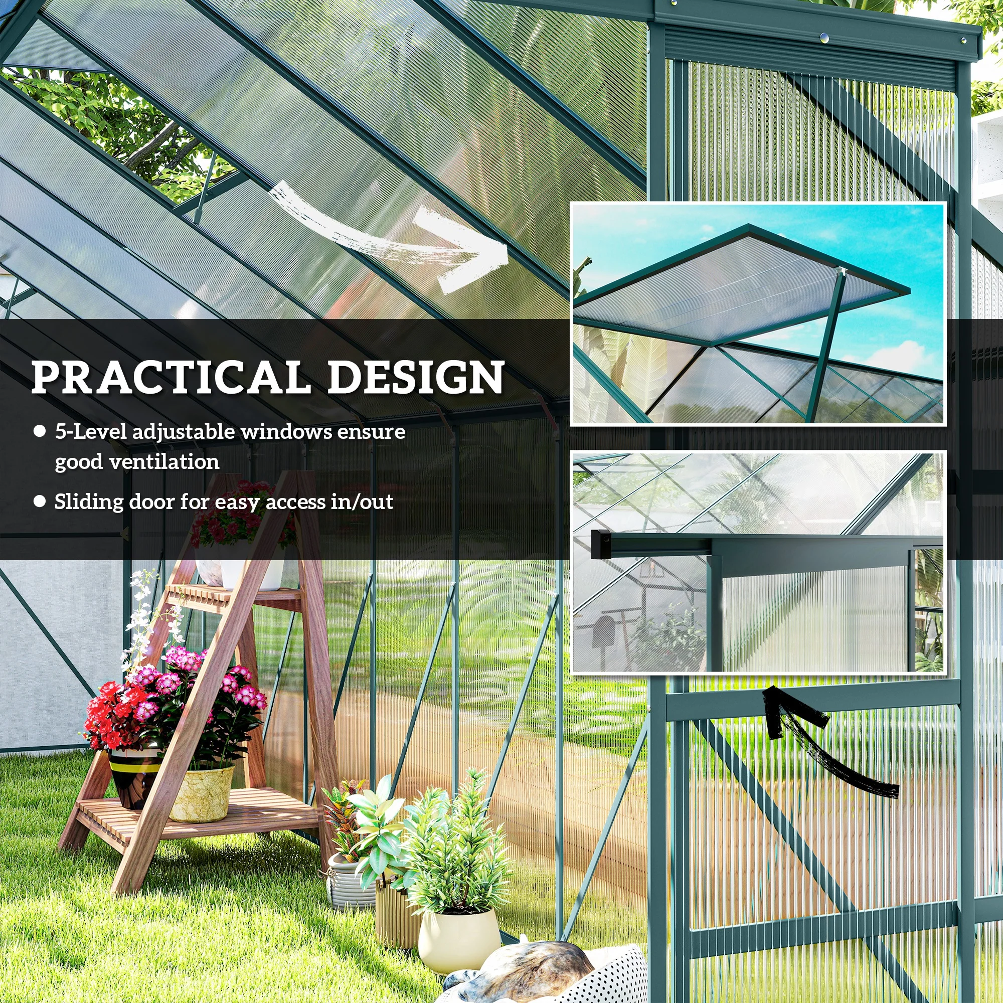Outsunny Greenhouse Polycarbonate Greenhouse with Rain Gutter, Green