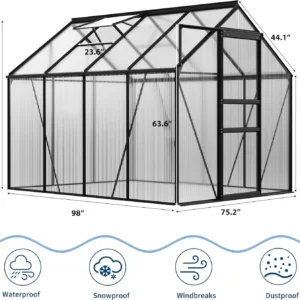 OUYAWEI 6x8FT Outdoor Greenhouse Polycarbonate Aluminum Frame Sliding Door Adjustable Roof Vent Black