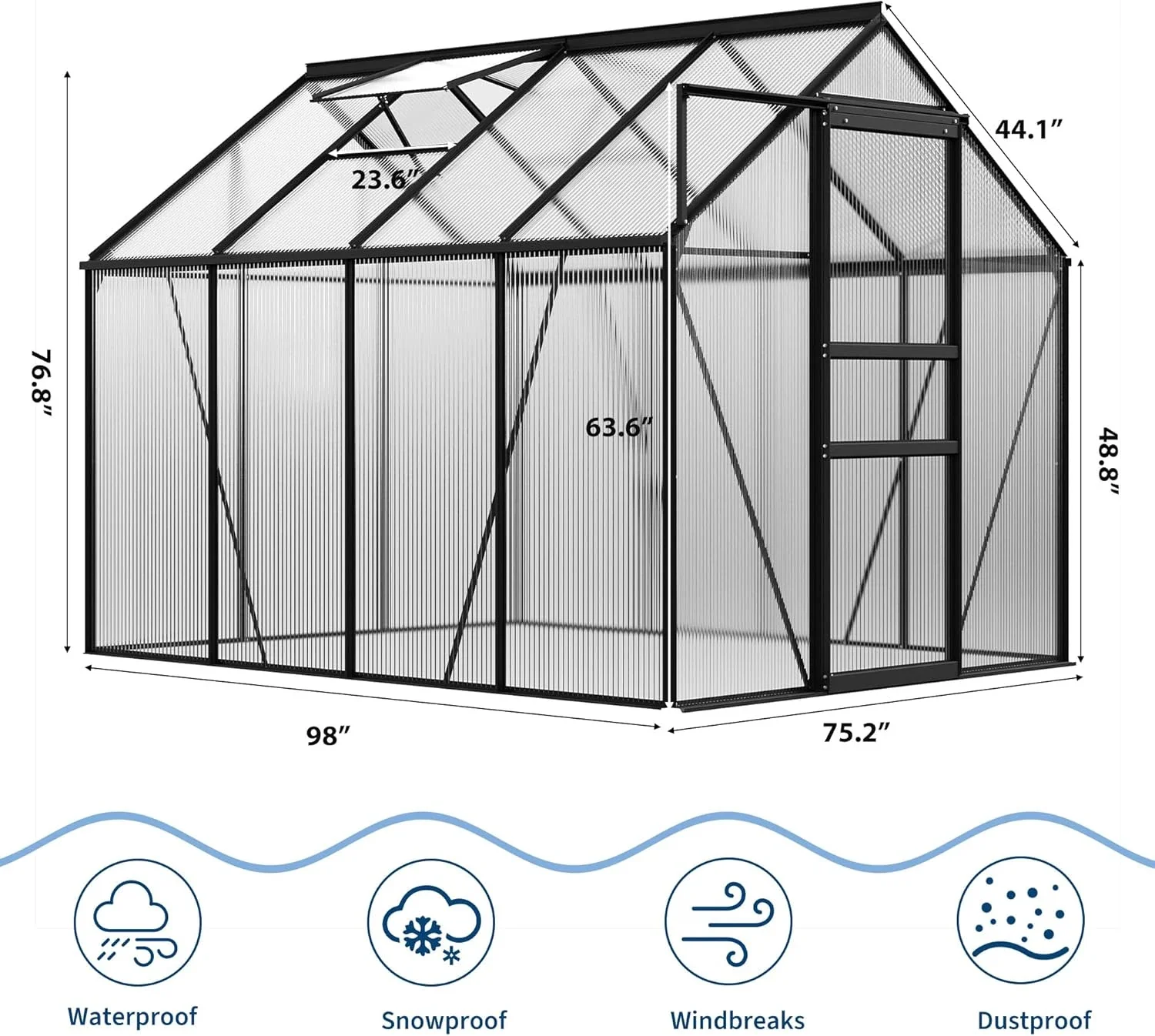 OUYAWEI 6x8FT Outdoor Greenhouse Polycarbonate Aluminum Frame Sliding Door Adjustable Roof Vent Black