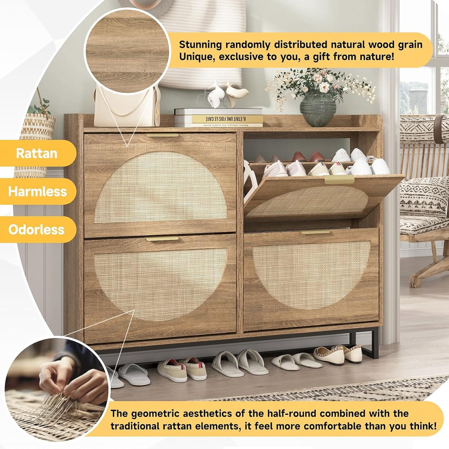 Conate Rattan Shoe Cabinet with 4 Flip Drawers, Modern 40 Pair Shoe Storage Cabinet for Entryway with Hidden Golden Handles