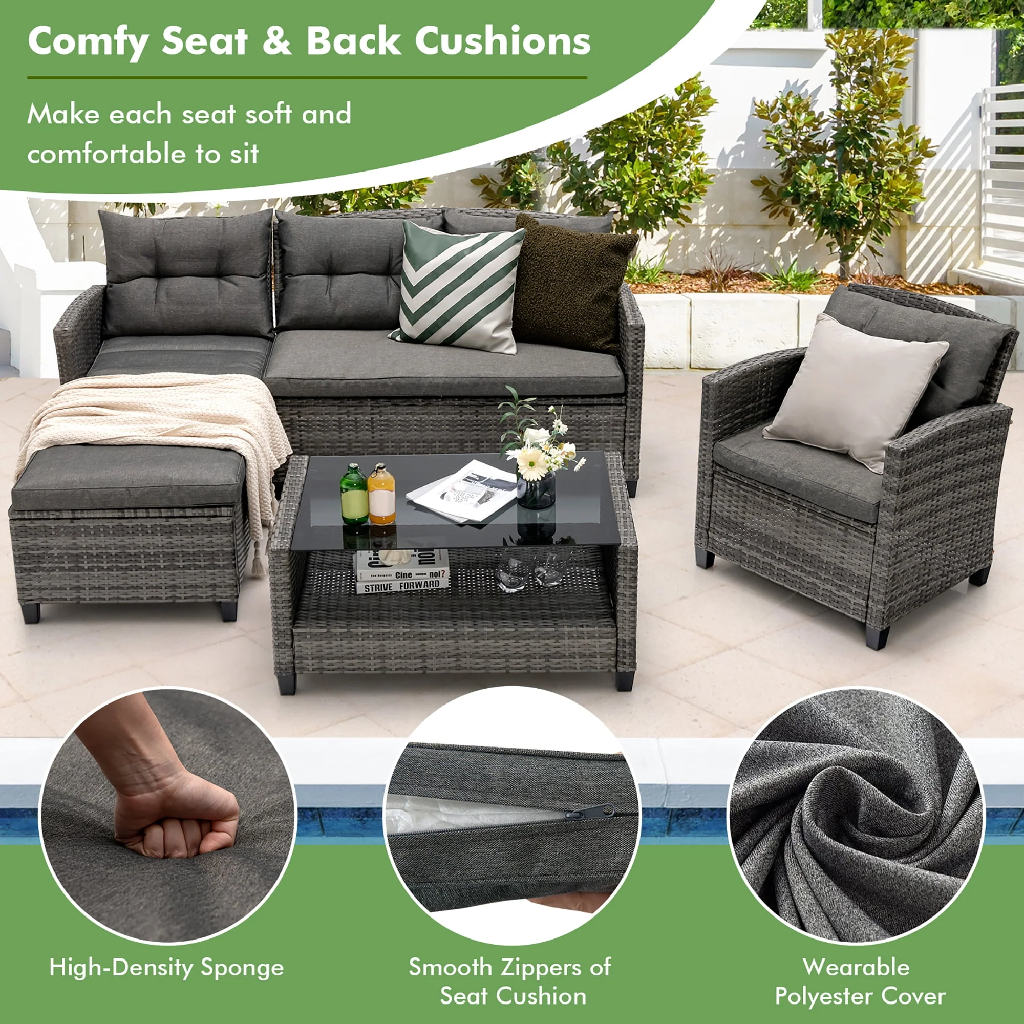 Gymax 4PCS Rattan Patio Conversation Furniture Set Outdoor Sectional Sofa Set