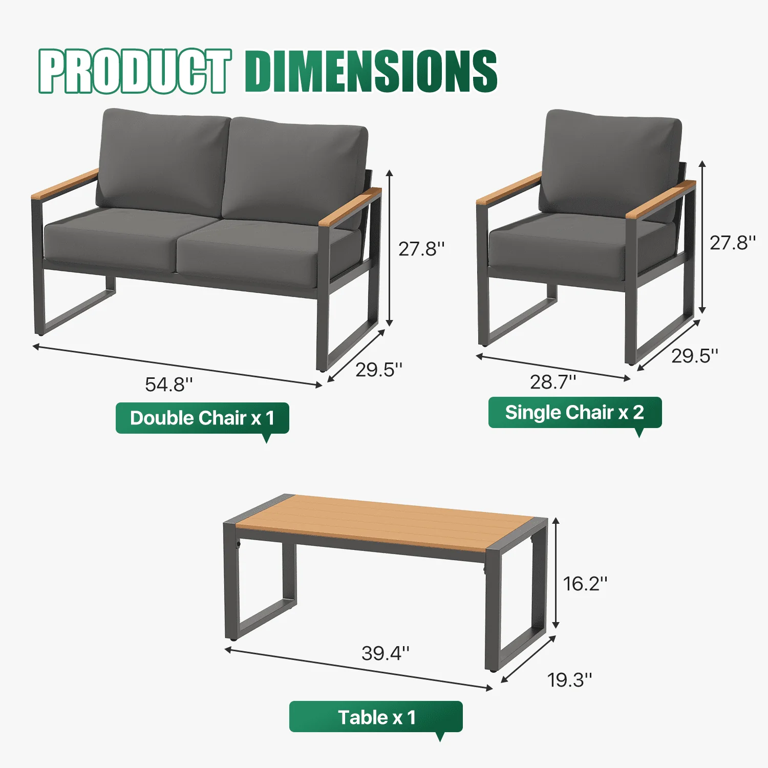 Dateyes 4-Piece Outdoor Patio Furniture Set, Modern Metal Conversation Set for Porch, Deck, Balcony (Dark Grey)