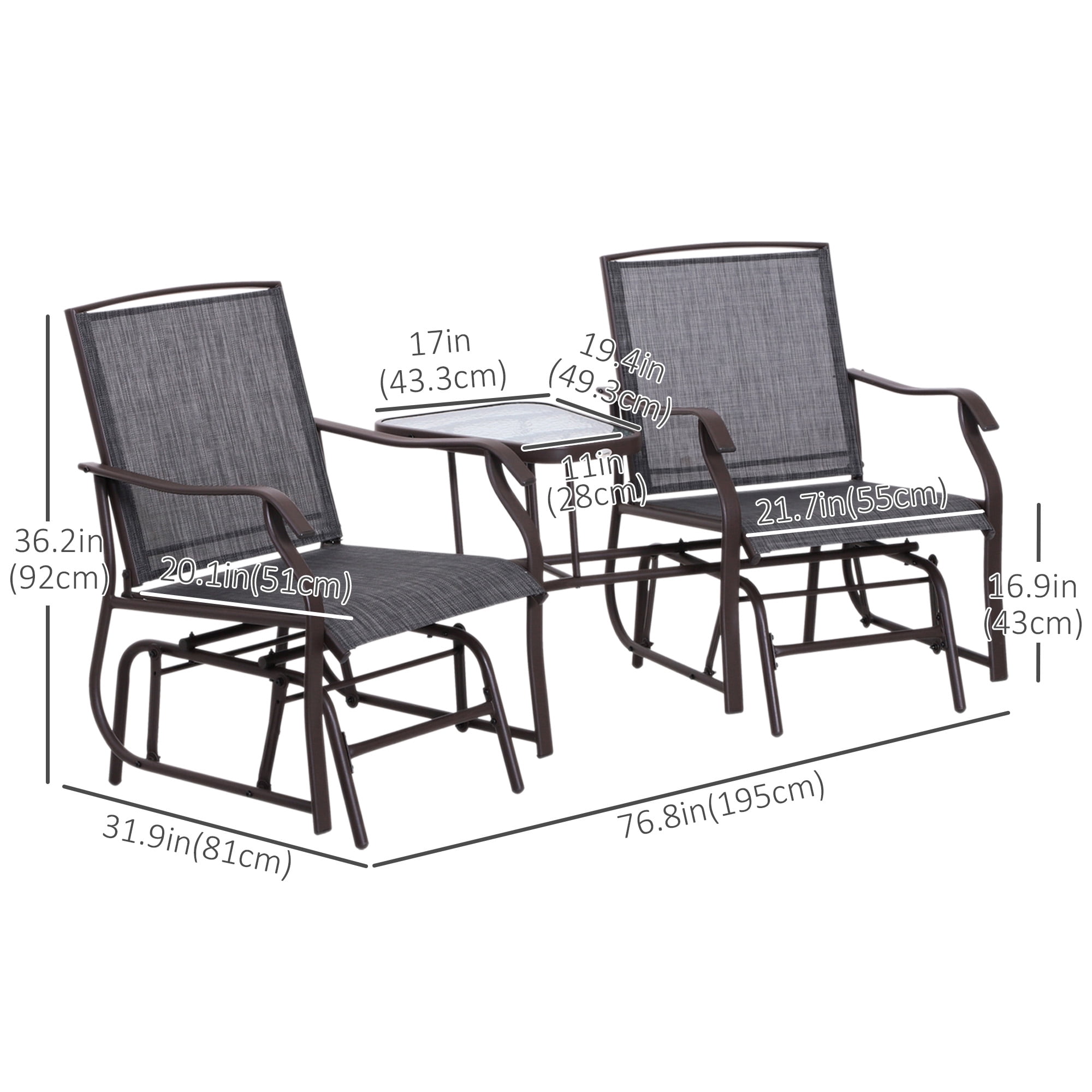 Outsunny Patio Double Glider Chair with Glass Top Center Table, Outdoor Glider Chair with High Back, Sling Fabric for Garden, Bench