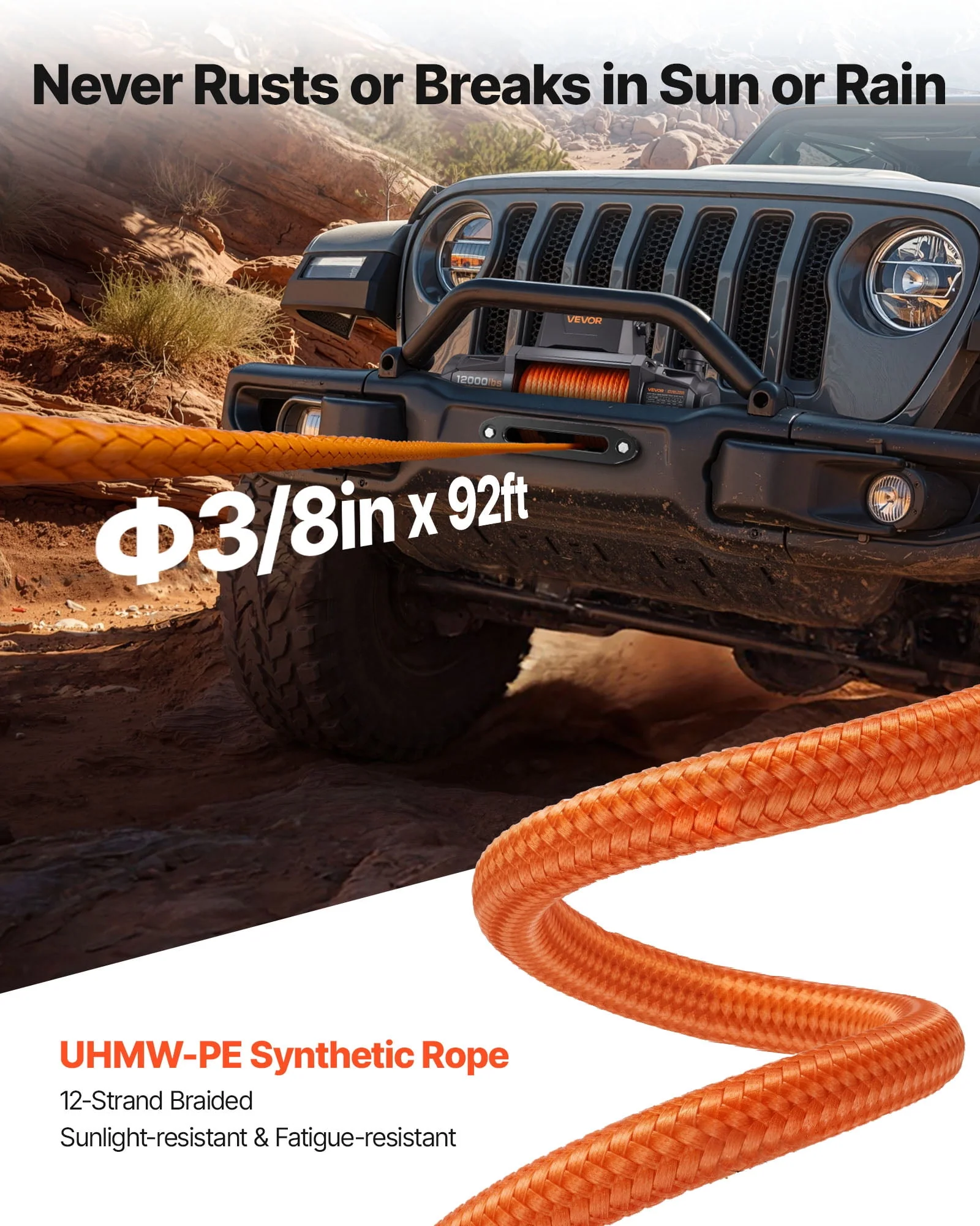 VEVOR Electric Winch, 12000 lbs Load Capacity, 12V DC Truck Winch with Φ3/8 in x 92 ft Synthetic Rope, Wireless & Wired Remote Control, IP67 Waterproof for Towing Off-Road SUV Jeep Trailer Boat