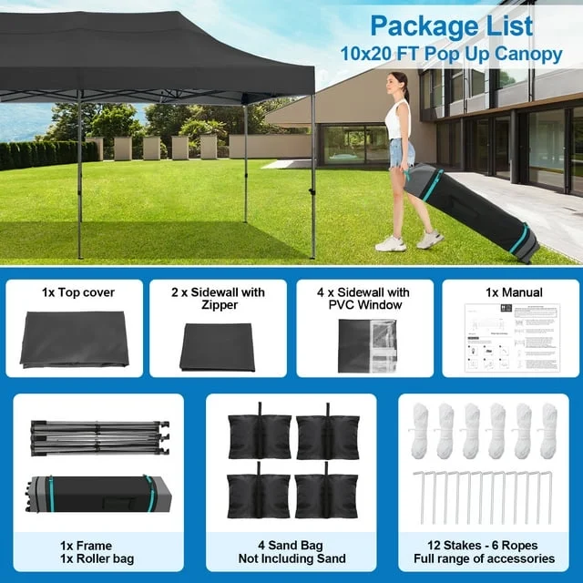 SANOPY 10'x20' Pop Up Canopy Waterproof Folding Tent Outdoor Easy Set-up Instant Tent Heavy Duty Commercial Wedding Party Shelter with 6 Removable Sidewalls, 4 Sandbags, Roller Bag, Black