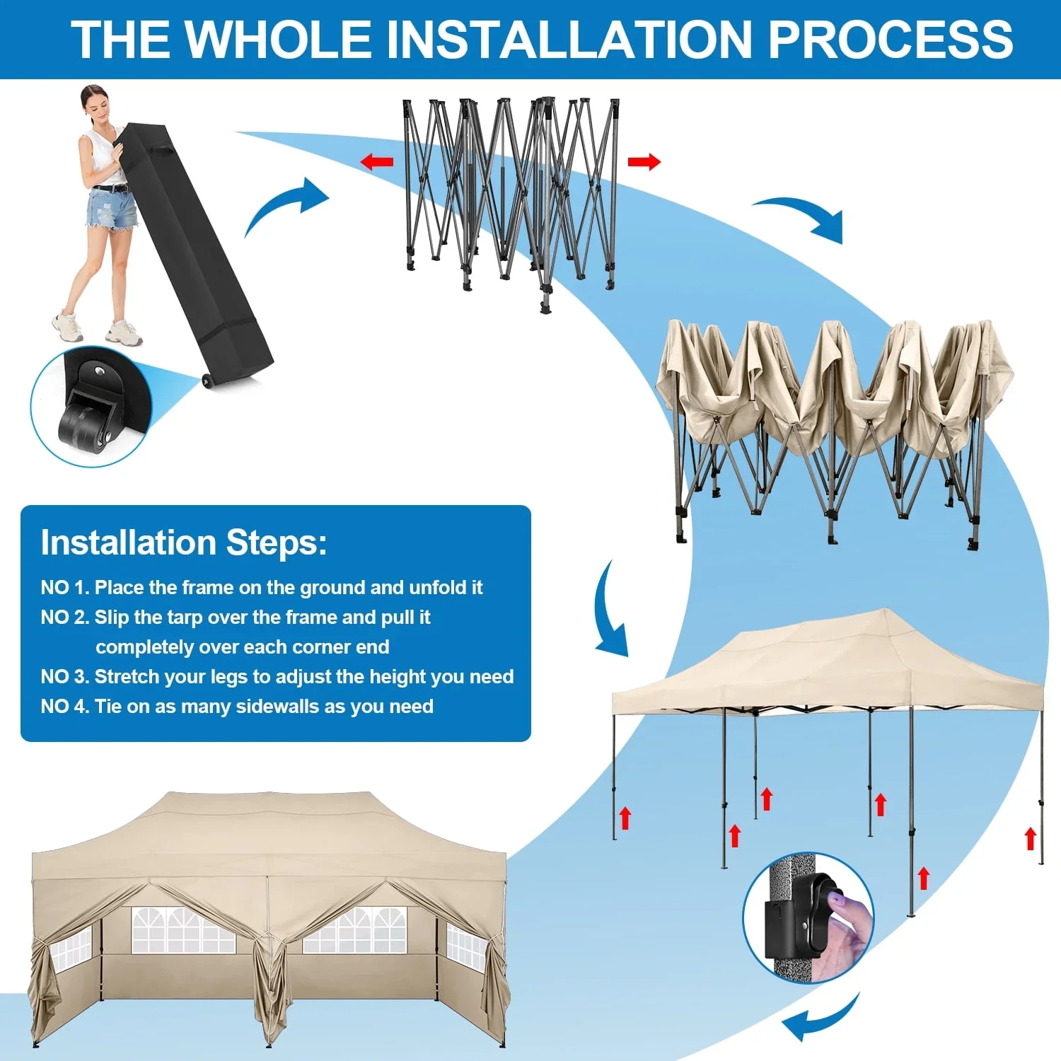10'x20' Pop Up Canopy Waterproof Folding Tent Outdoor Easy Set-up Instant Tent Heavy Duty Commercial Wedding Party Shelter with 6 Removable Sidewalls, 4 Sandbags, Roller Bag, Khaki