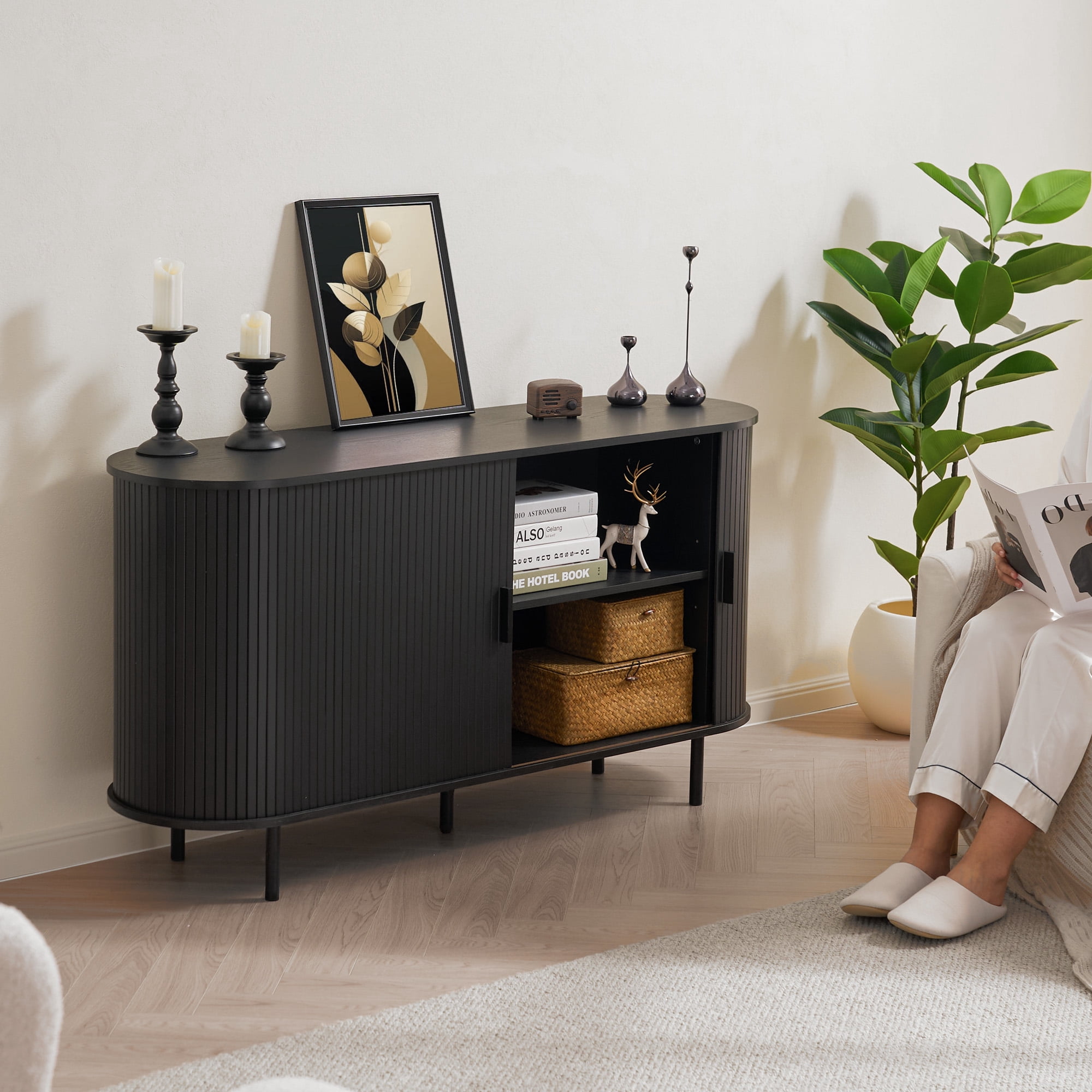 MARNUR Sideboard Buffet Cabinet 55" Storage Cabinet with 2 Sliding Tambour Doors, Adjustable Shelves for Kitchen Office Bedroom Hallway Entryway