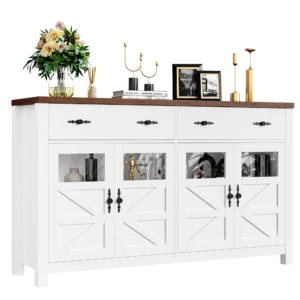Homfa Farmhouse 55.1"W Kitchen Buffet Cabinet with Storage Drawer & Adjustable Shelf, Glass Door Wood Sideboard Credenza Coffee Bar with for Dining Room Living Room
