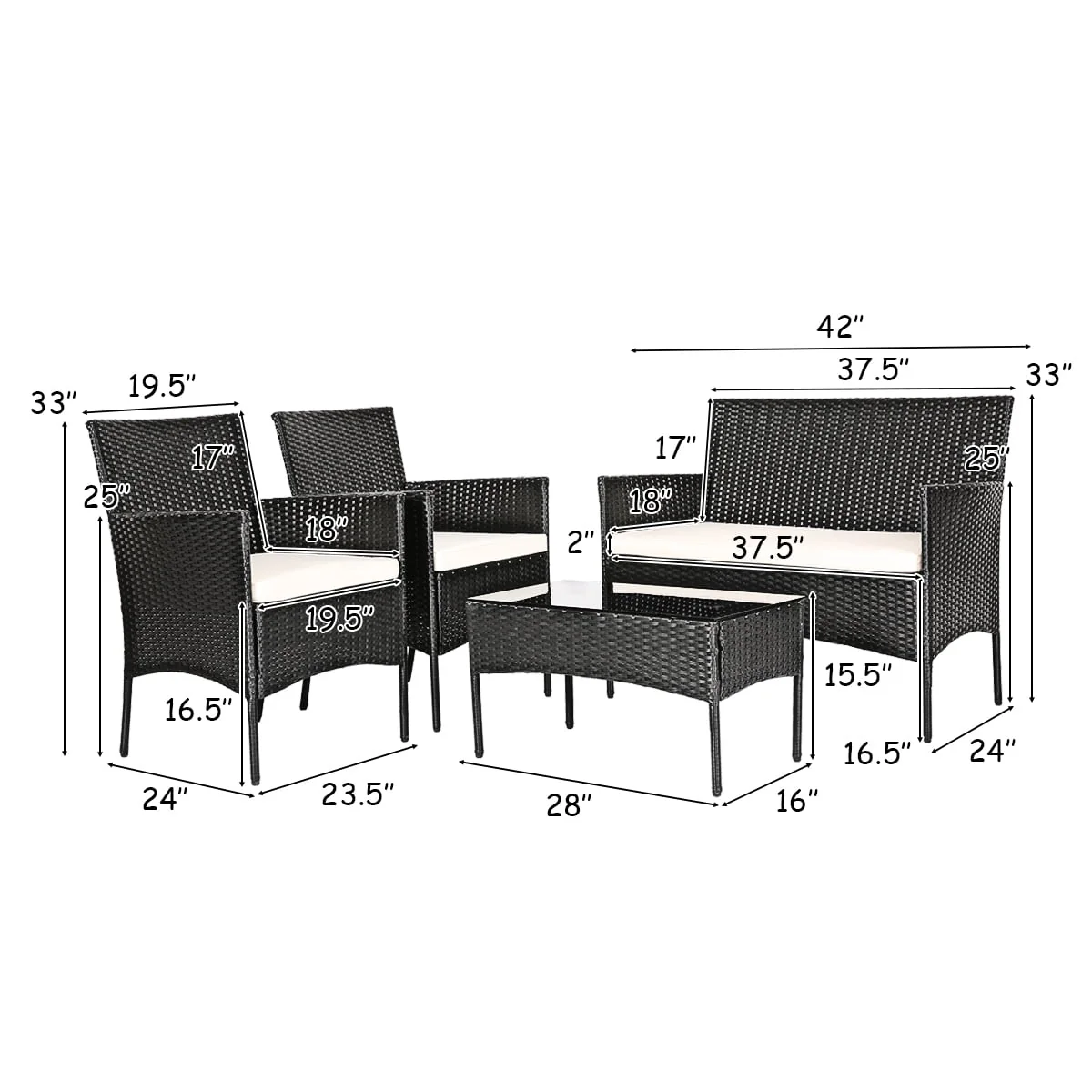 Costway 4-Piece Outdoor Patio Furniture Set Wicker Set Conversation Set for Balcony Backyard Garden Poolside