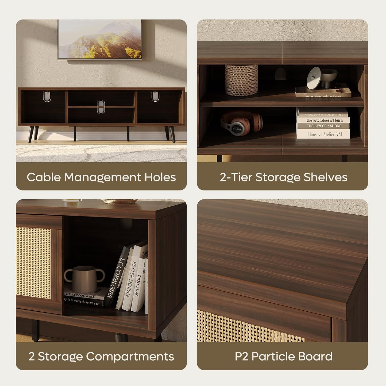 Bestier Rattan TV Stand for 75" TV, Boho Style, Sliding Doors&2 Tier Storage Shelves
