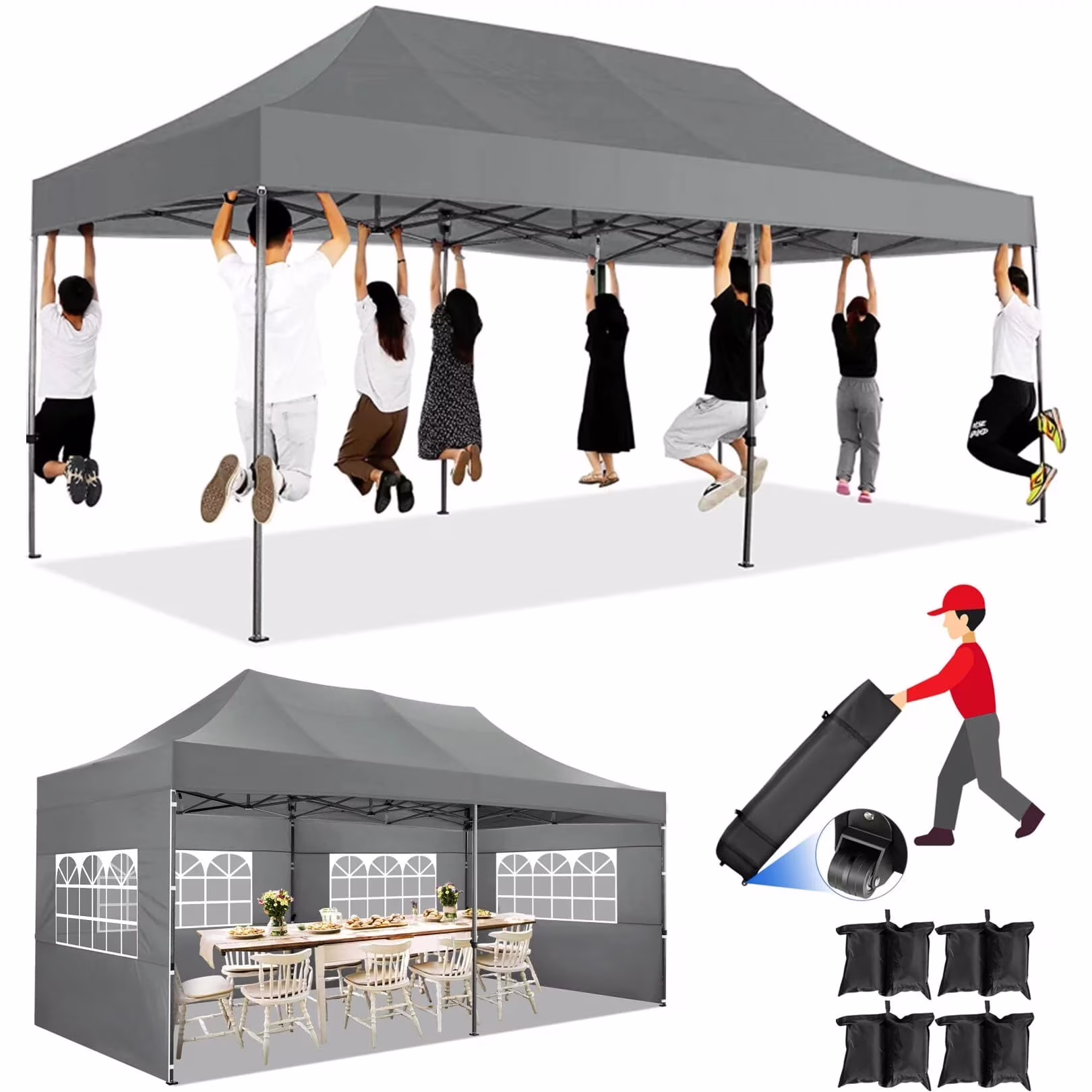 COBIZI 10x20 Heavy Duty Pop up Canopy Tent with 6 sidewalls Easy Up Commercial Outdoor Canopy Wedding Party Tent for Beach All Season Wind & Waterproof Gazebo with Roller Bag,Black(Frame Thickened)