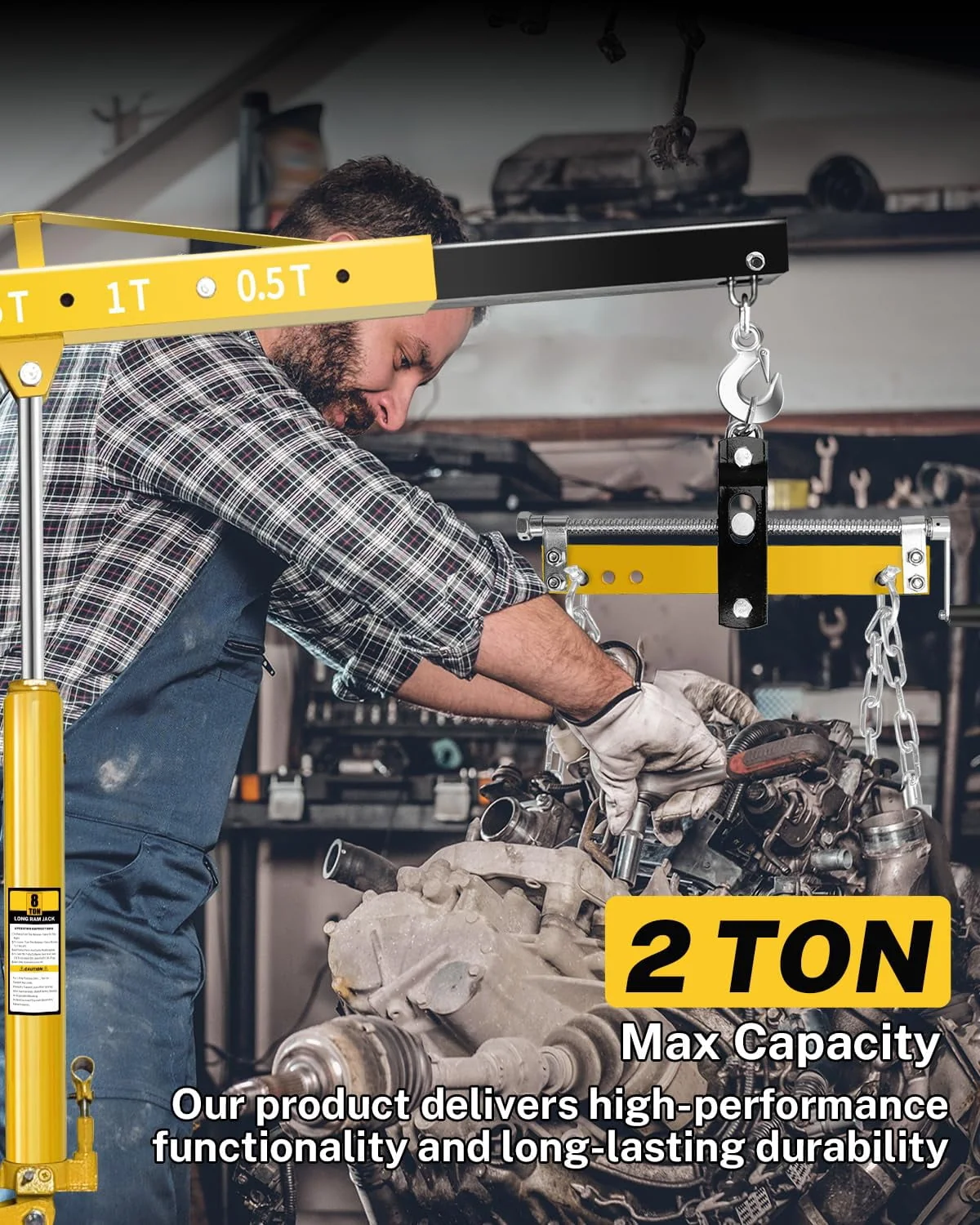 2-Ton Folding Engine Hoist with Lever, Hydraulic Shop Crane with 6 Swivel Wheels & Adjustable Boom (0.5T-2T), Heavy-Duty Cherry Picker for Garage, Workshop, Truck, Farm (Net Wt. 168 lbs)