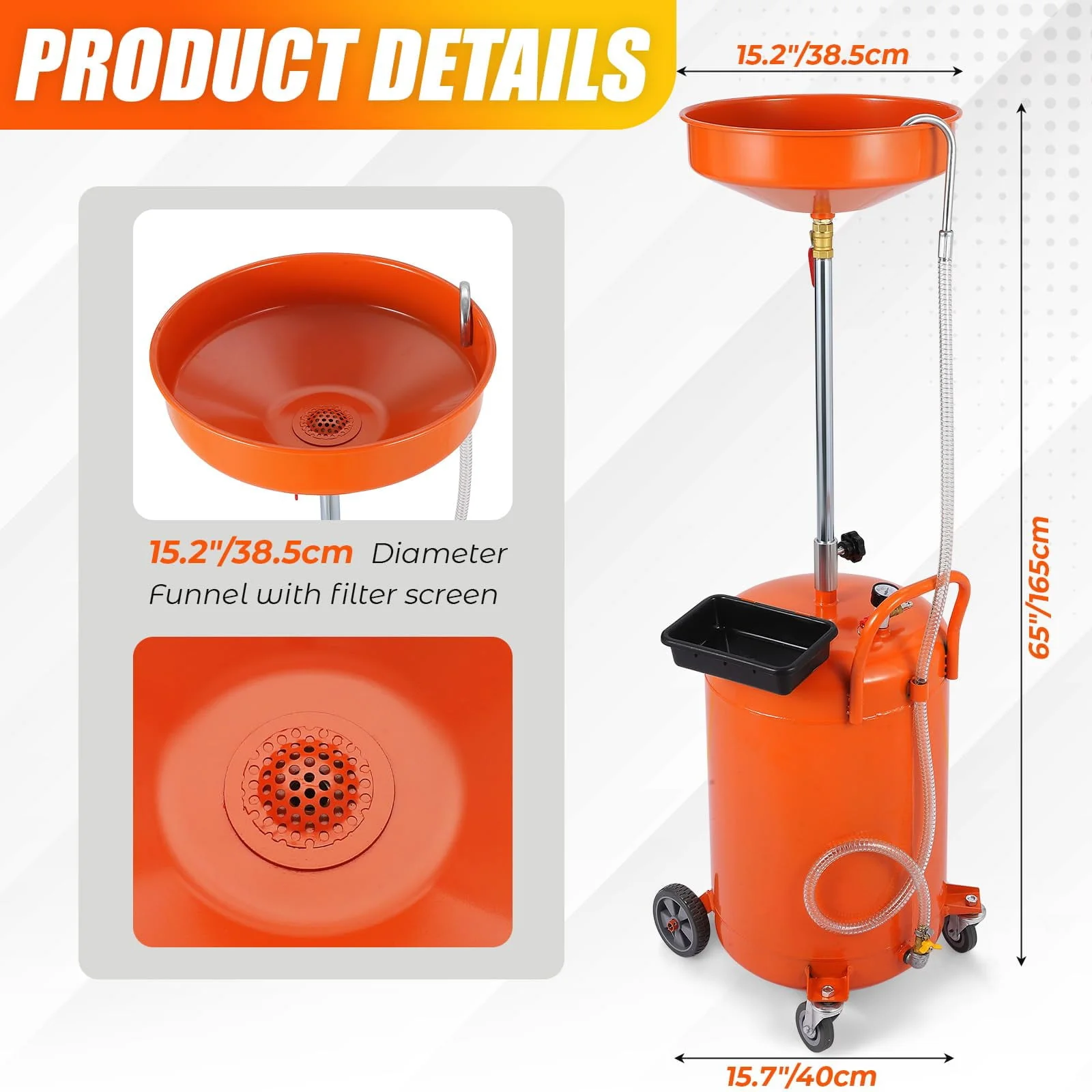 Kojooin 20 Gallon Oil Drain Tank, Portable Oil Drain Container with Adjustable Funnel Height 38"-65", Air Operated Drainage Fluid Fuel Transfer Drainage with 360° Wheels & Toolbox