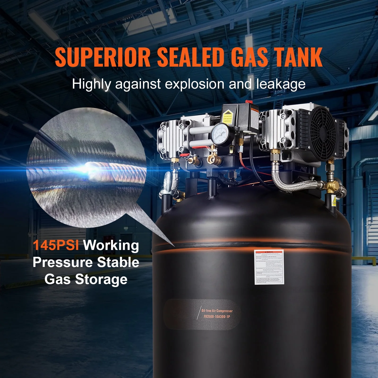 KFFKFF 80 Gallon Air Compressor, 6.5HP, 15.5SCFM@90 PSI, Two-Stage 145PSI, Lubrication-Free, 86dB Low Noise, Suitable for Industrial Production, Building, Car Maintenance