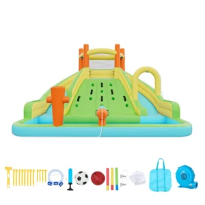 KFFKFF Inflatable Bounce House, 13.3 x 11.4 x 8.4 ft Inflatable Bounce House Water Slide, Bouncer Castle with Climbing Wall, Double Tall Slides, Splash Pool for 3 to 4 Kids Ages 3 to 8