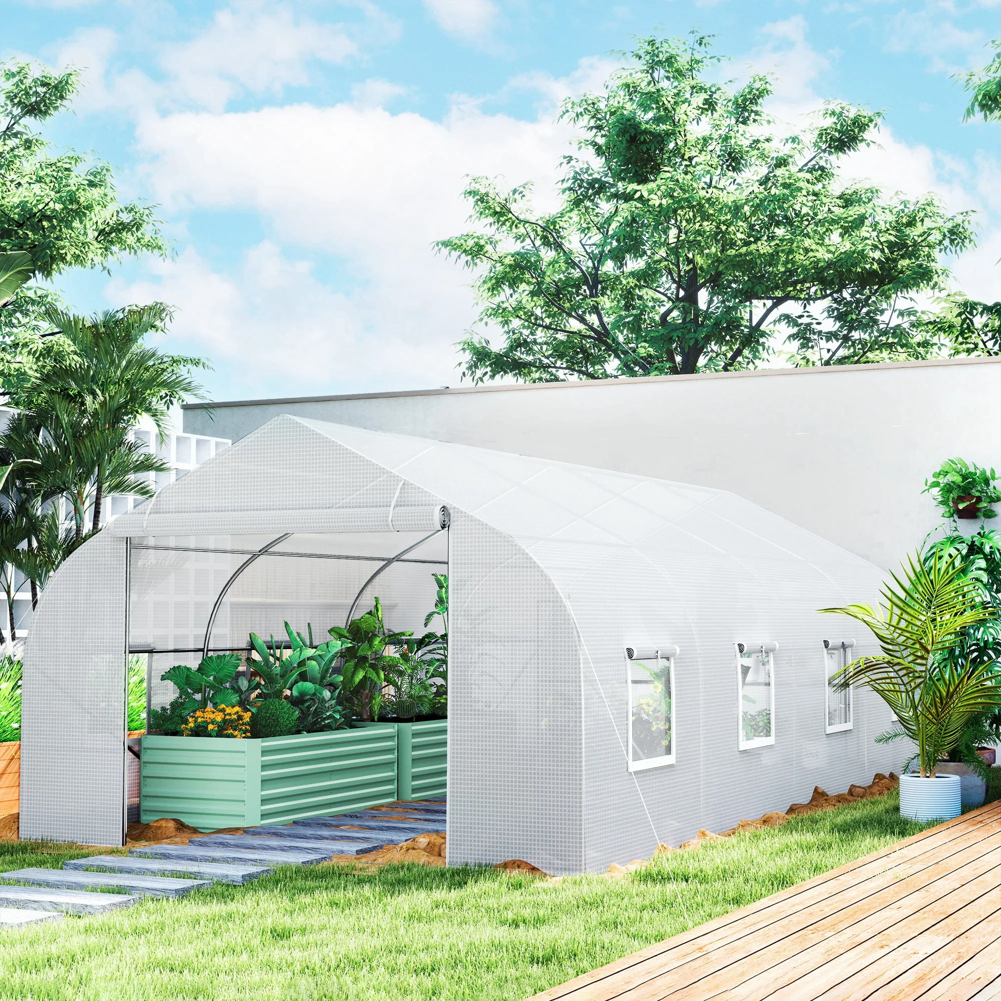 Outsunny 20x10x7ft Walk-in Steeple Greenhouse Outdoor Backyard Plant Seed Growth Shed Tunnel Warm House with 2 Anchor Way Green
