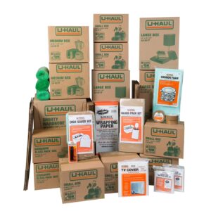 U-Haul Household Moving Kit - 36 Moving Boxes, 2 Wardrobe Boxes, 2 Dish and Glass Packing Kits, 2 Mattress Bags, Tape, and Assorted Packing Supplies