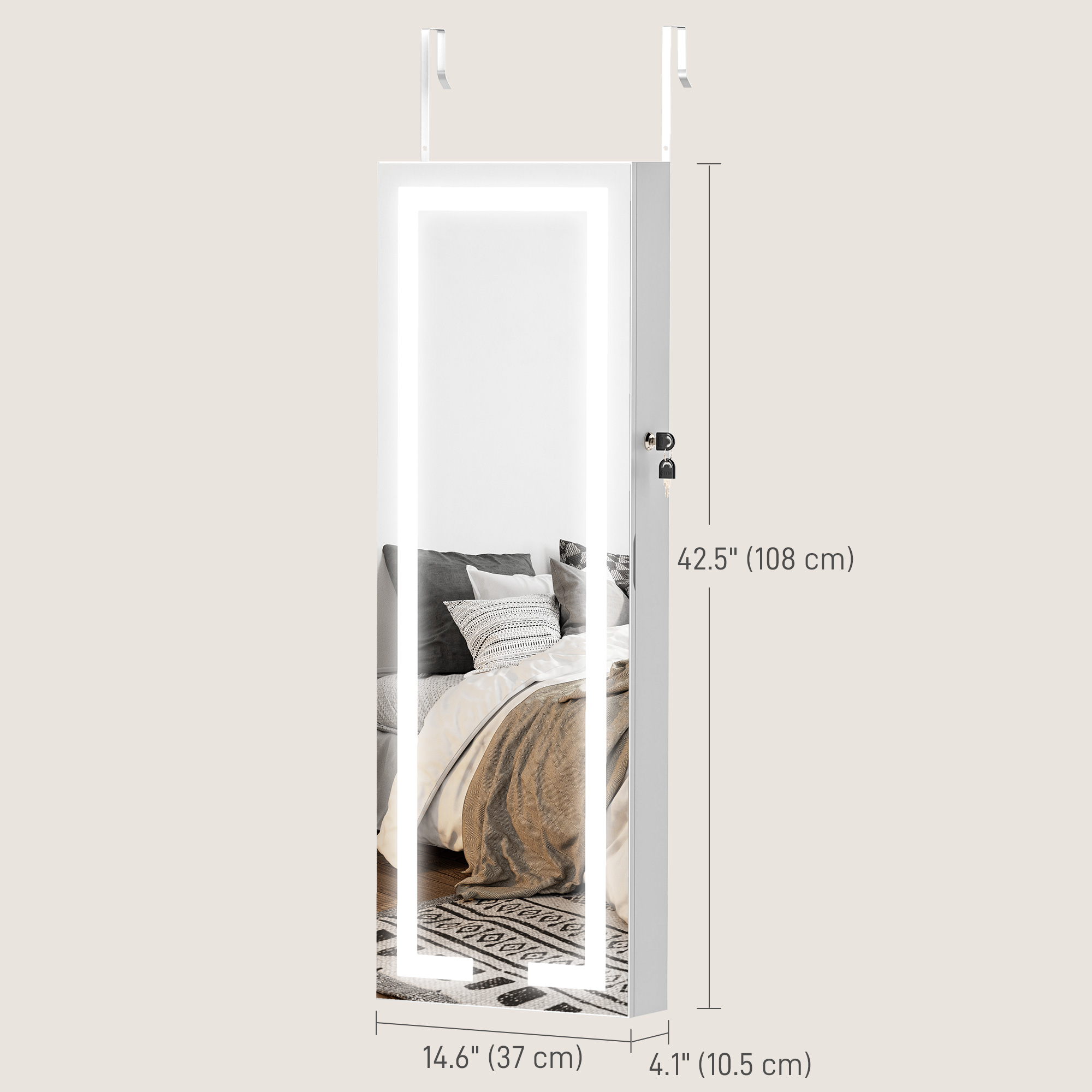 LED Jewelry Cabinet w/ Full Length Mirror Jewelry Storage Organizer, White