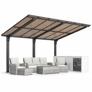 AECOJOY 14'x10' Gazebo, Outdoor Wall Mounted Hardtop Gazebo & Pergola with Aluminum Frame for Patio, Porch and Backyard in Black