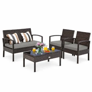 Costway 4pcs Patio Rattan Wicker Furniture Set Loveseat Sofa Cushioned Garden Yard