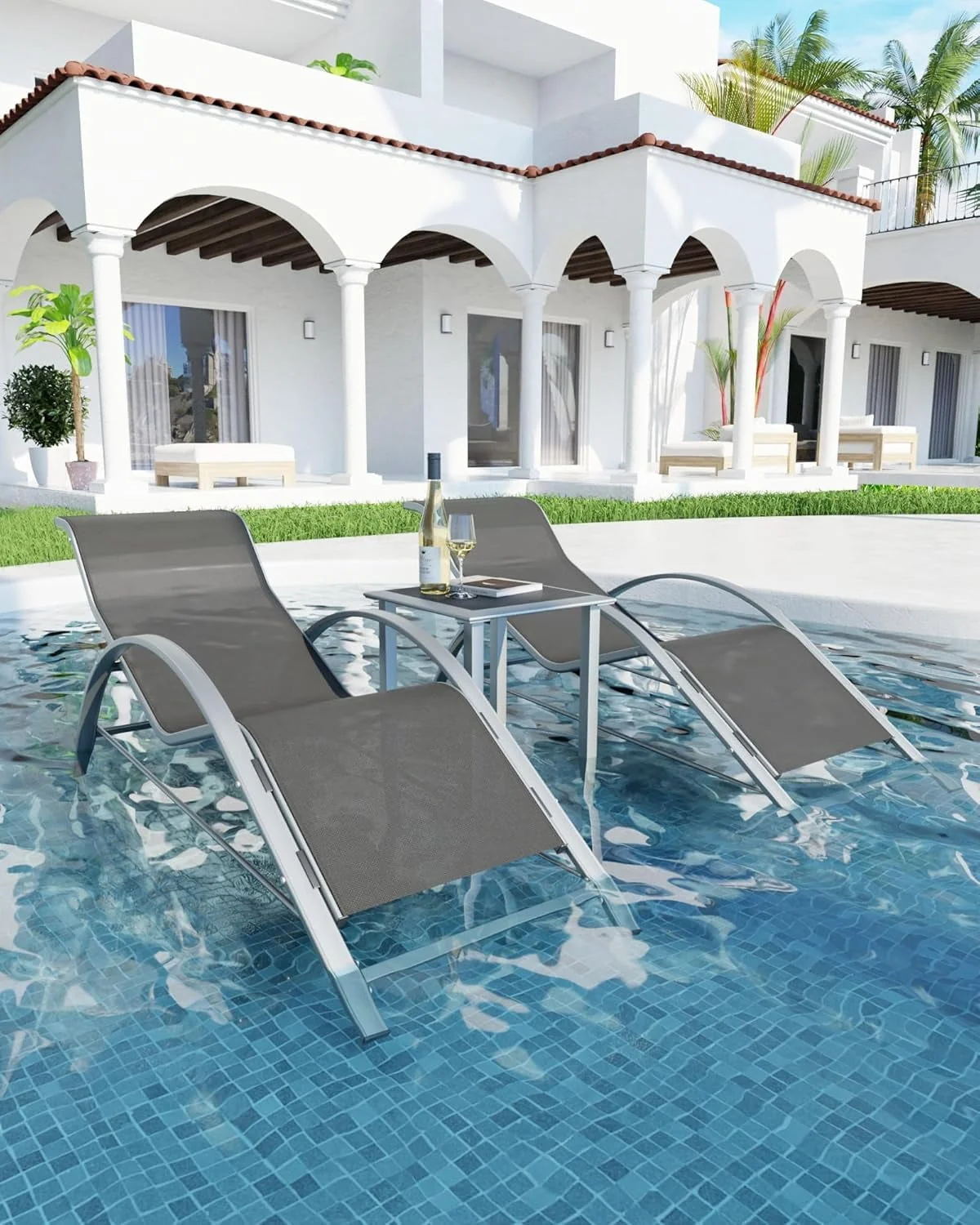 3-Piece Outdoor Chaise Lounge Chair Set – Adjustable Aluminum Recliners with Table – Heavy-Duty, Weather-Resistant for Poolside, Patio, Garden, Beach, Grey