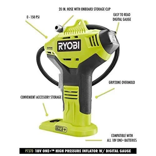 Ryobi P737D 18-Volt One+ Cordless Pressure Inflator with Digital Gauge. 4.0 Ah 18-Volt One+ Capacity Lithium-Ion