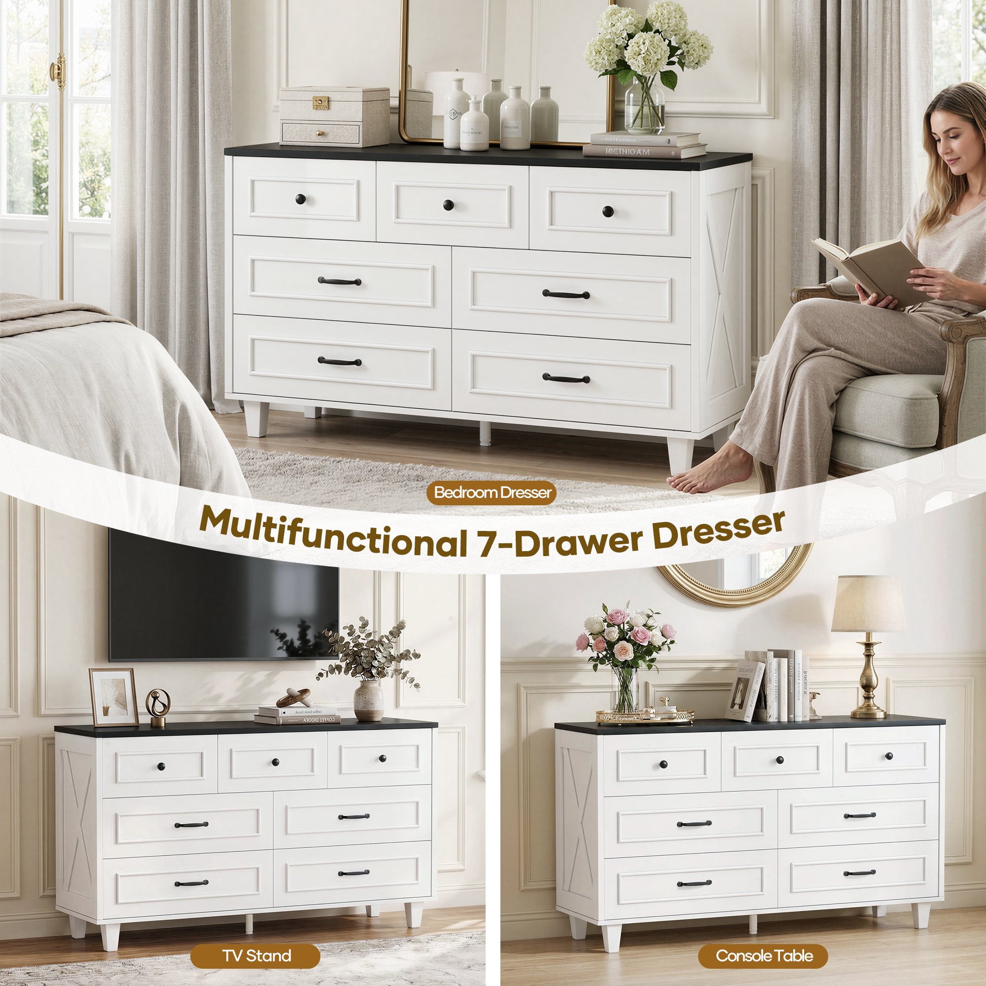 MARNUR Farmhouse 52" 7-Drawer Dresser for Bedroom, Anti-Tip Kit, Smooth Quiet Slides, Heavy-Duty for Living Room, White & Black