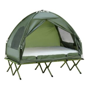 2 Person Foldable Camping Cot with Tent, Bedspread and Thick Air Mattress, 4-In-1 Elevated Camping Bed Tent for Outdoor Hiking, Picnic, Travel