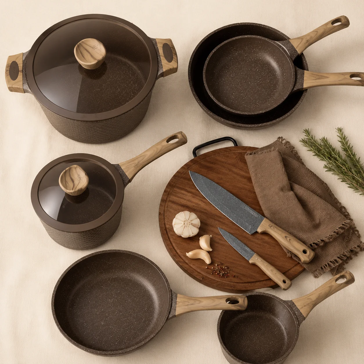 32 Piece Granite Nonstick Cookware Set Pots and Pans Bakeware and Knife Set Brown Kitchen Essentials