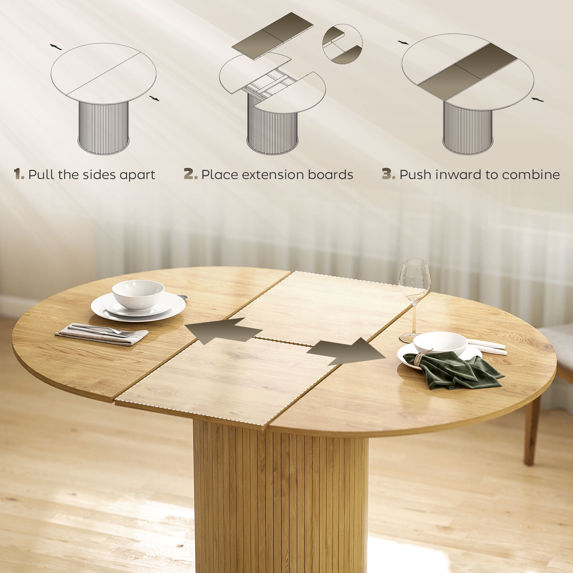 HOMCOM Extendable Dining Table 43.5"-59" Farmhouse Kitchen Table Natural