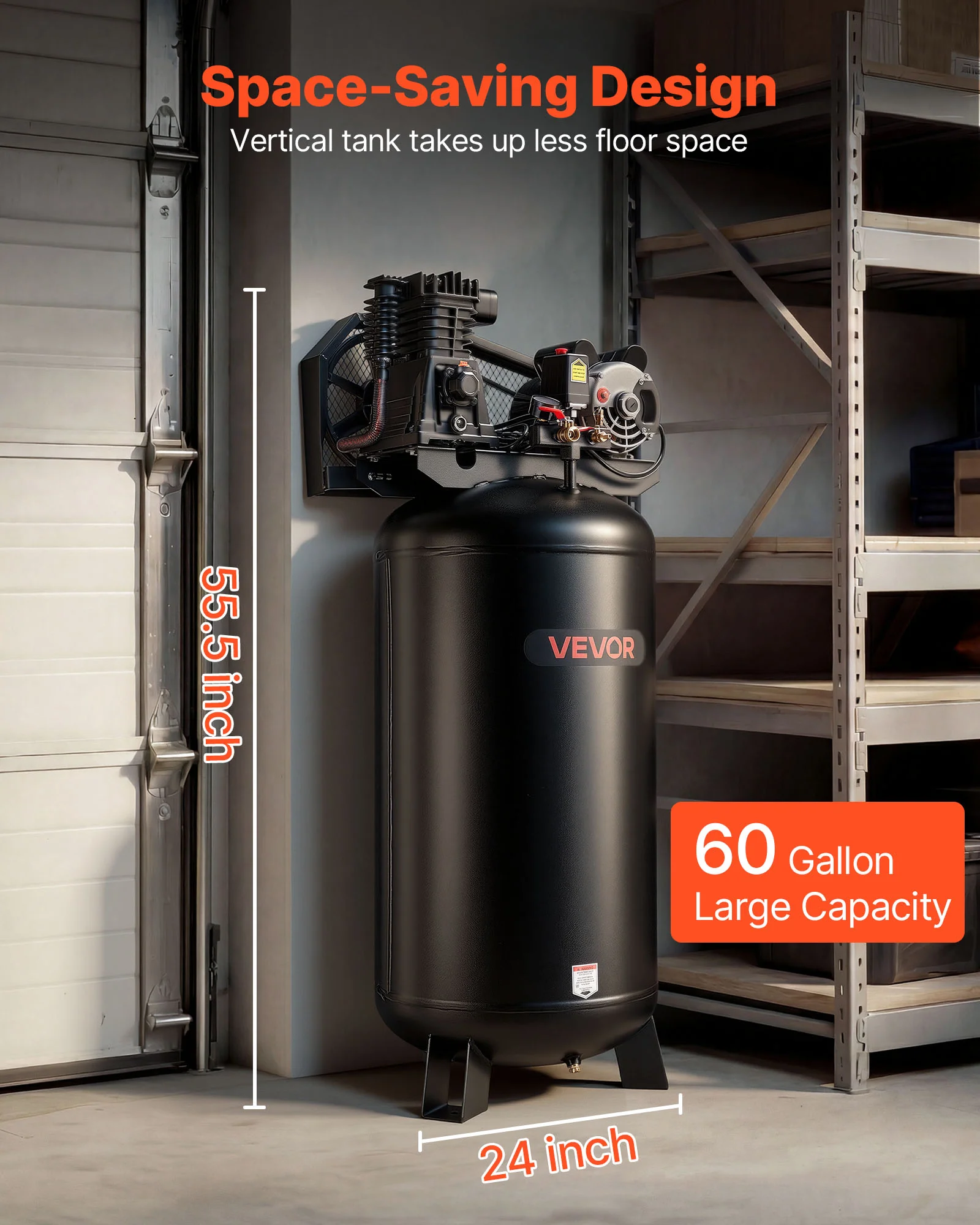 VEVOR 60 Gallons Heavy-Duty Air Compressor, 3.7HP 8 SCFM at 90PSI Air Compressors Max 155PSI Pressure, Oil-Lubricated Compressor Tank(230V 60Hz, No-Plug)