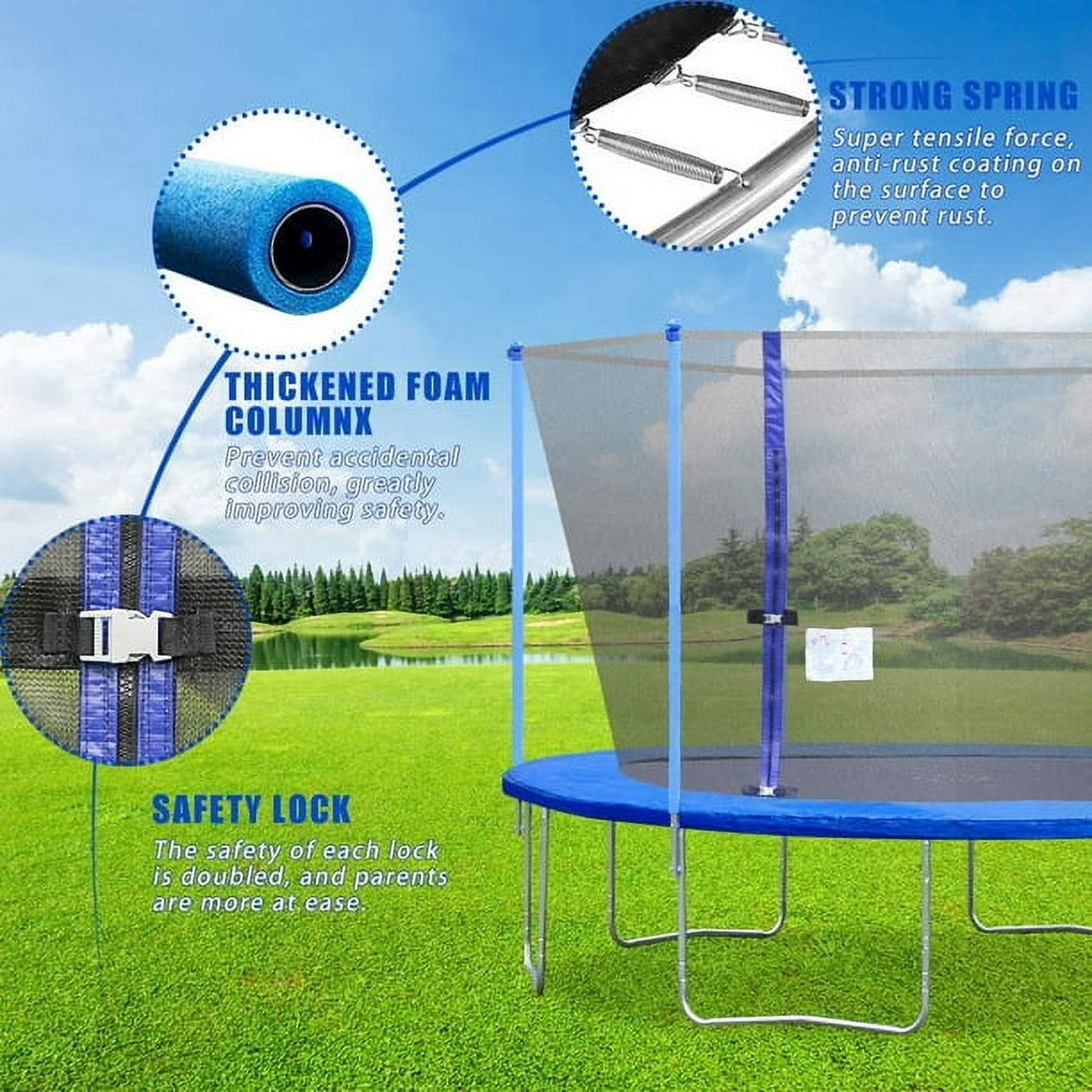 FDW Outdoor Trampoline with Enclosure, 12-Foot Fitness Trampoline for Children, PVC Spring Cover Padding, Black