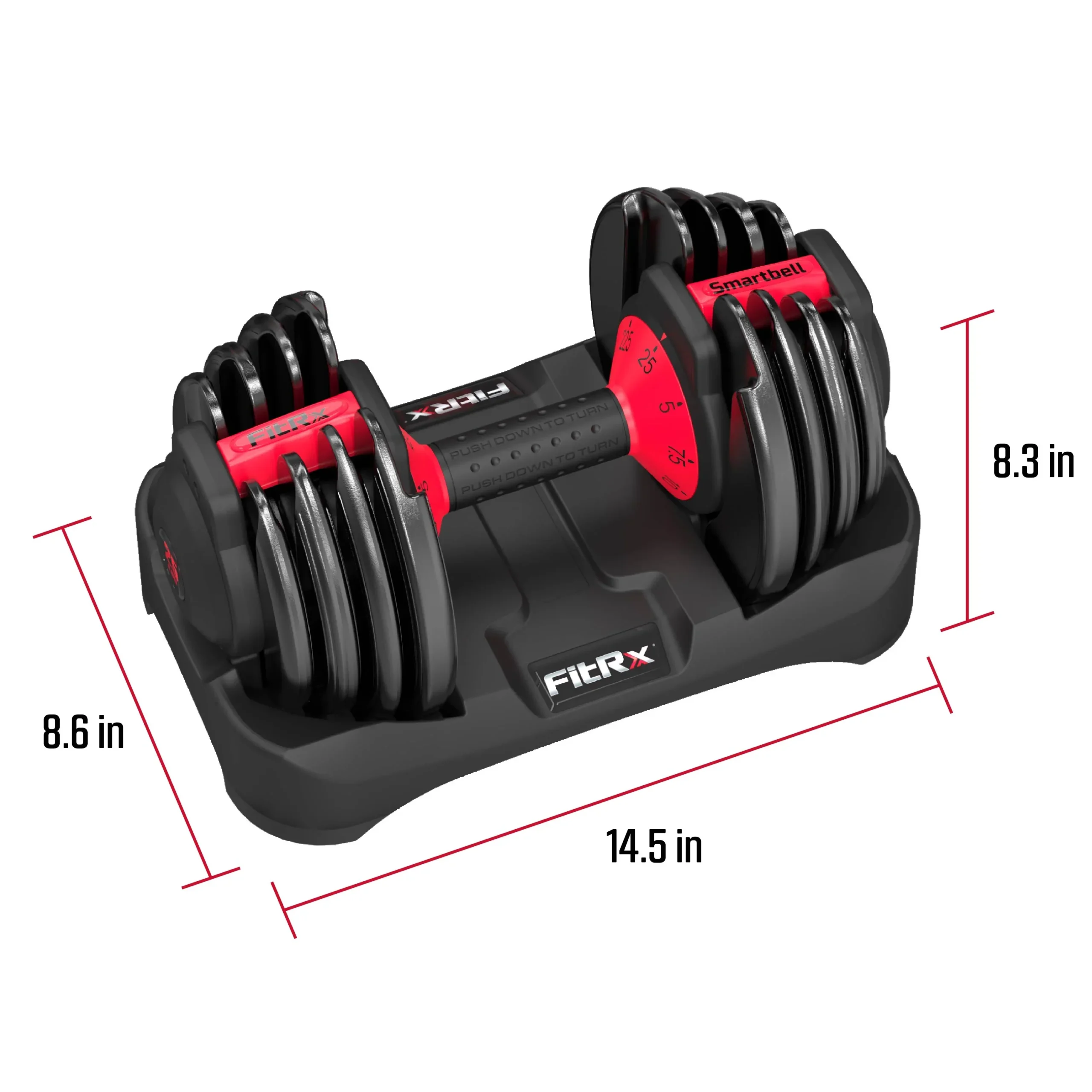 FitRx Adjustable Dumbbells 2-Pack, 25lb SmartBell Dumbbell Set with 9-in-1 Quick-Select Weights, 2.5lb Increments for Home Gym