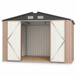 Clouddwell 10 x 8 FT Shed Outdoor Storage Shed with Double Hinged Large Door, Large Metal Shed with Lockable Door & Sloped Roof for Garden, Patio and Backyard, Brown